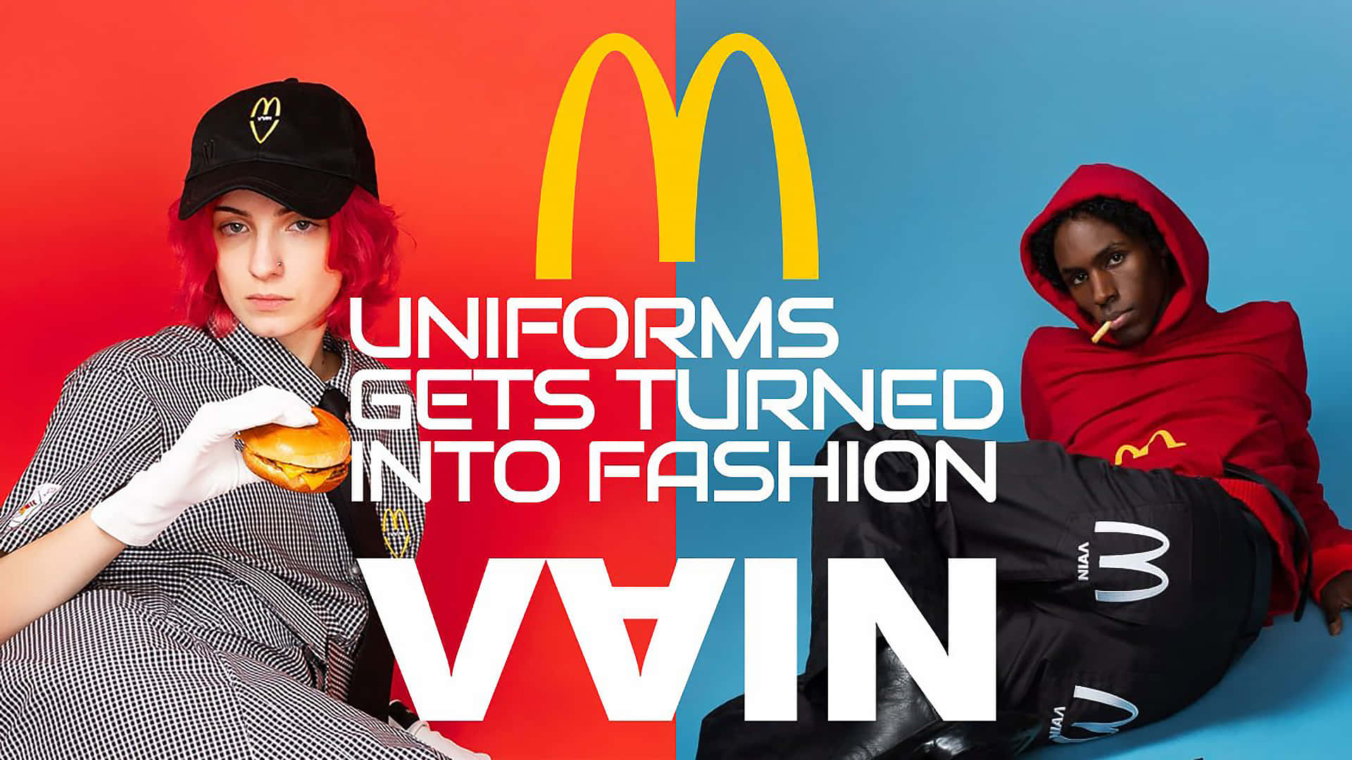 Mcdonalds 桌布 壁紙 — 兩位模特兒身穿麥當勞品牌服裝，在紅藍分色背景前擺姿勢，並配有粗體文字。