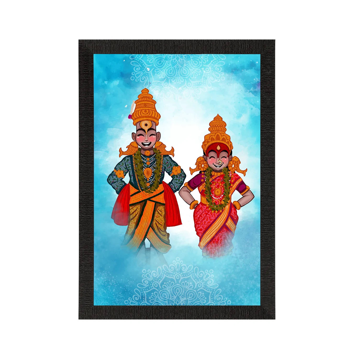 Indian 桌布 壁紙 — 兩位歡樂的印度教神祇穿著鮮豔的傳統服飾，在帶有華麗圖案的淺藍色天界背景前微笑站立。