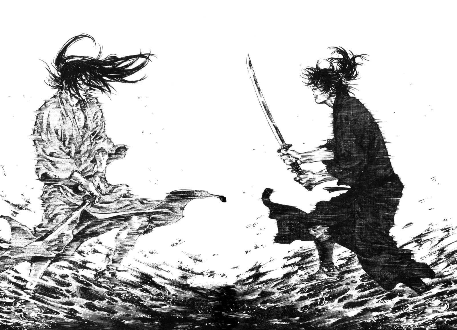 Vagabond 桌布 壁紙 — 兩位武士在動態黑白墨水插圖中交鋒，頭髮隨風飄揚，水花四濺。