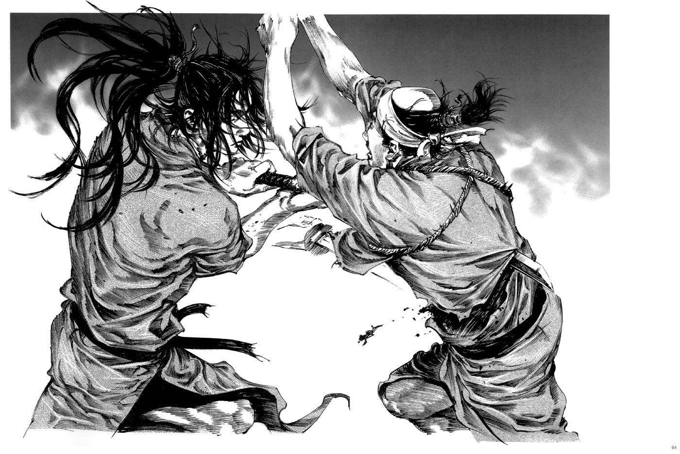 Vagabond 桌布 壁紙 — 兩位武士在動態黑白漫畫面板中激烈交鋒，頭髮飛揚，墨水飛濺。