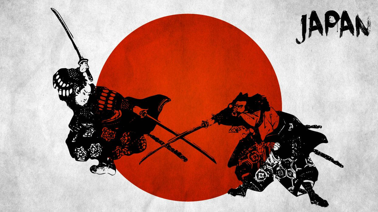 兩位武士戰士在紅色太陽符號上方用劍戰鬥。