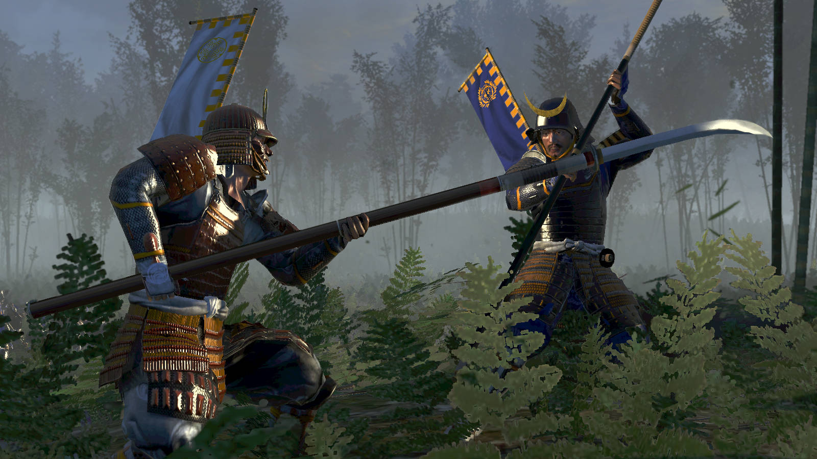 shogun 2 total war 桌布 壁紙 — 兩位武士在霧氣瀰漫的竹林中用長矛和刀劍交鋒。