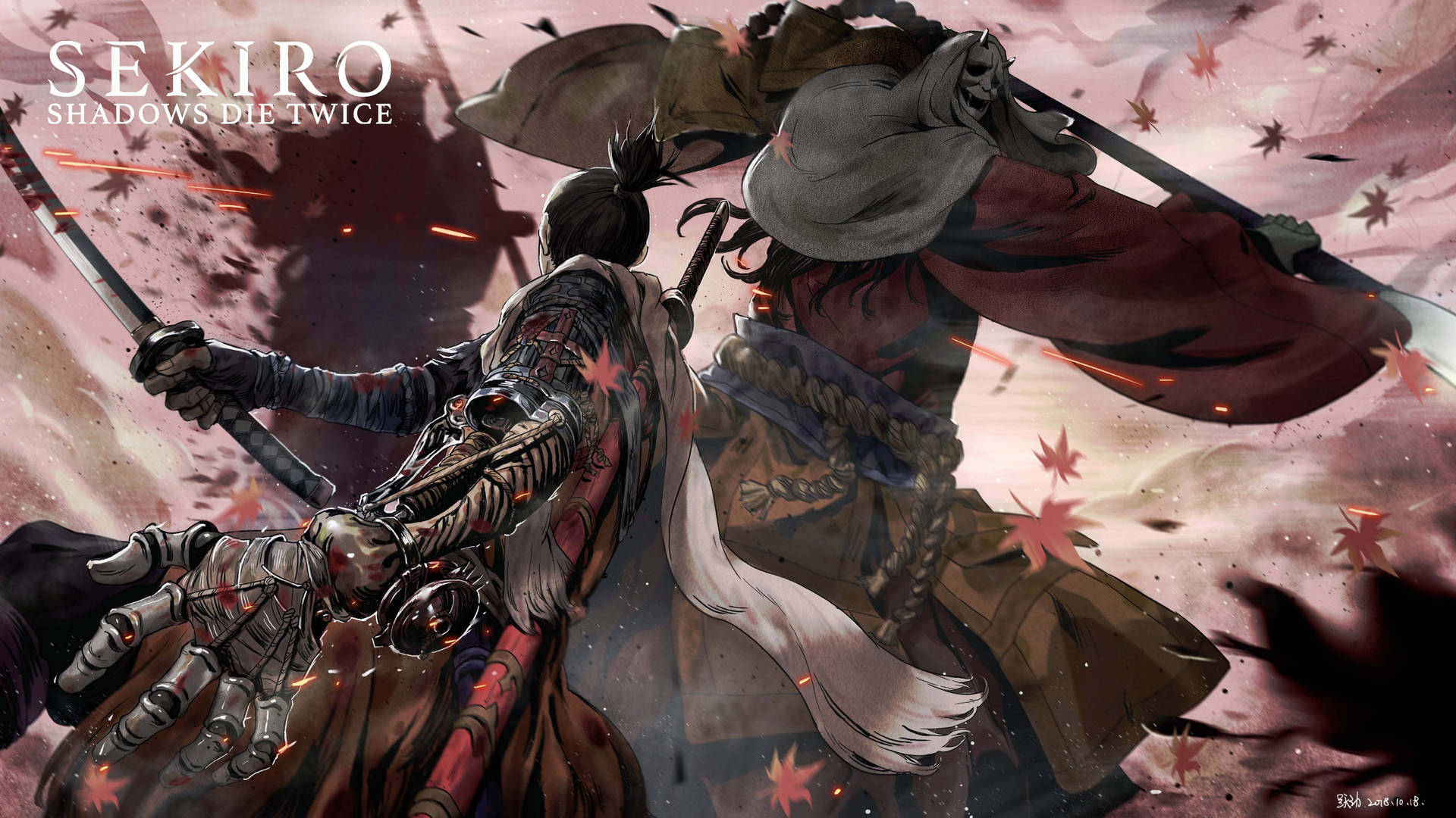 兩名身穿盔甲的武士用劍戰鬥的血腥秋季戰鬥場景。 — 隻狼：暗影雙死 壁紙