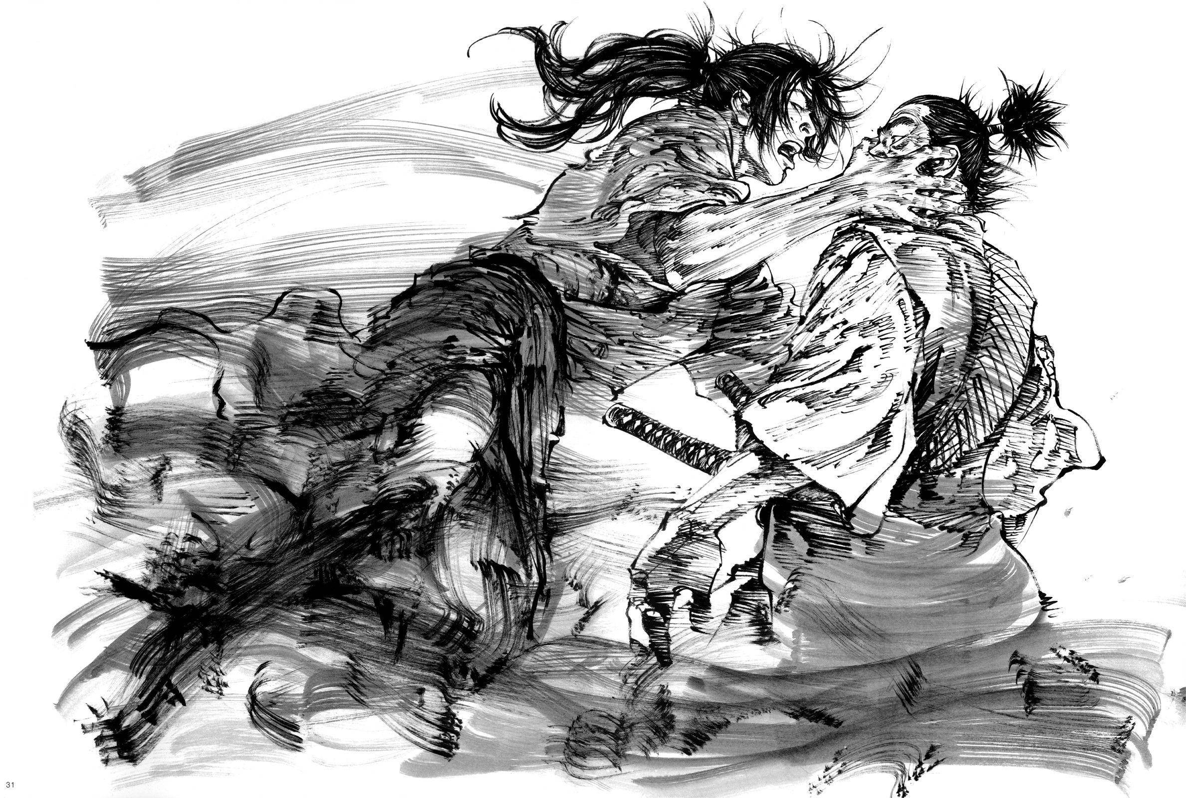 Vagabond 桌布 壁紙 — 兩位武士戰士在一幅動態黑白水墨畫中交鋒，衣袍飄逸，表情激烈。