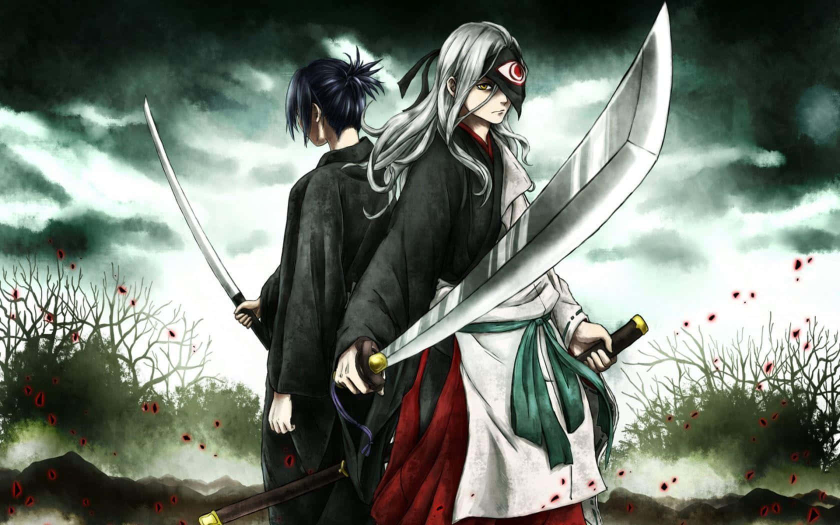 兩位武士持刀站立於田野間 壁紙