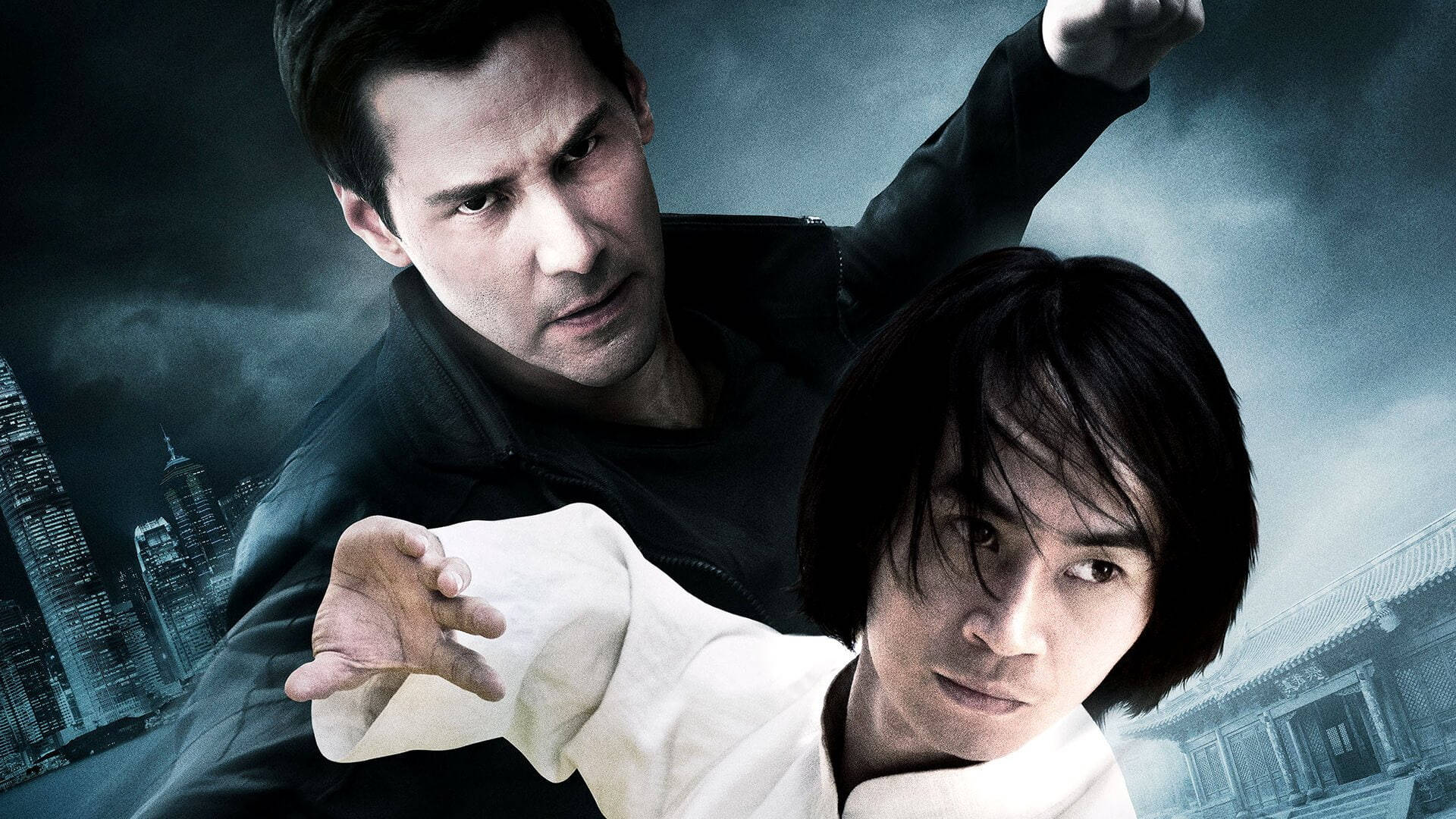 martial arts 桌布 壁紙 — 兩位武術家在暴風雨天空下，以動態戰鬥姿勢對峙，背景為分裂的城市與寺廟。
