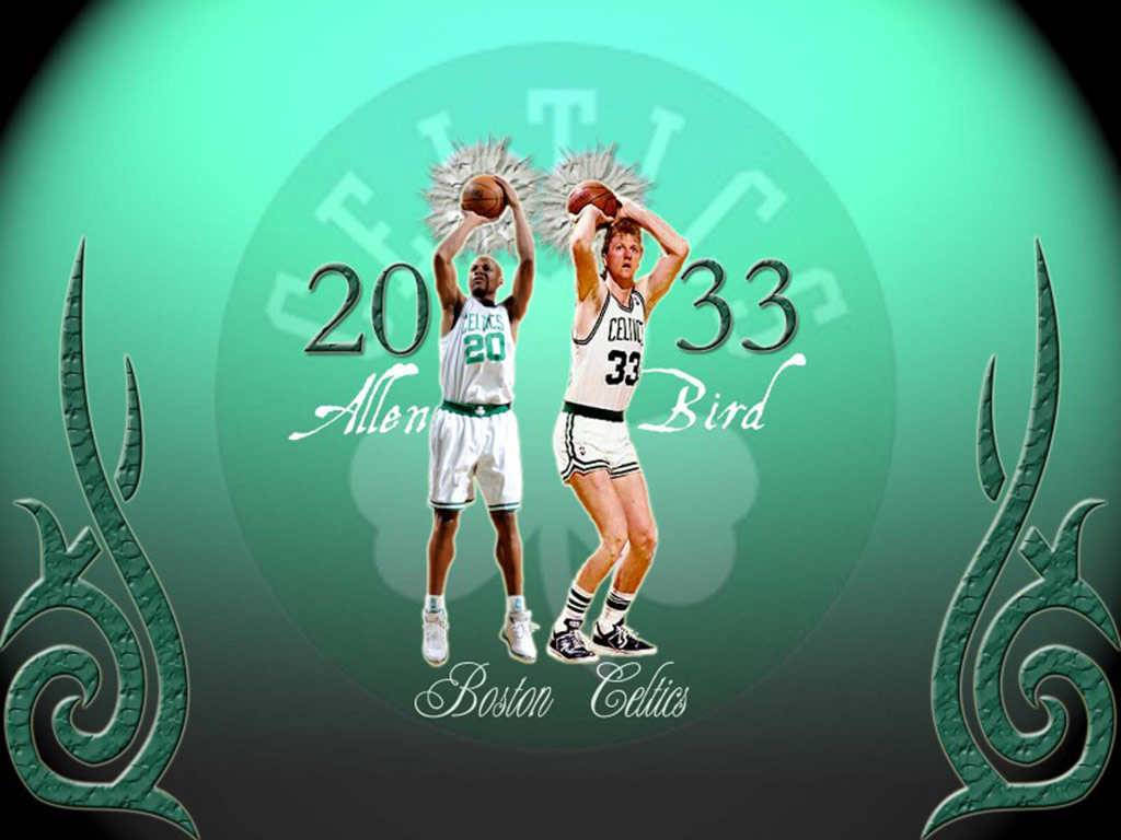 籃球 桌布 壁紙 — 兩位波士頓塞爾提克籃球傳奇 Allen 20 和 Bird 33 以同步投籃姿勢躍起，背景為藍綠色漸變底色，兩側飾有華麗圖案。