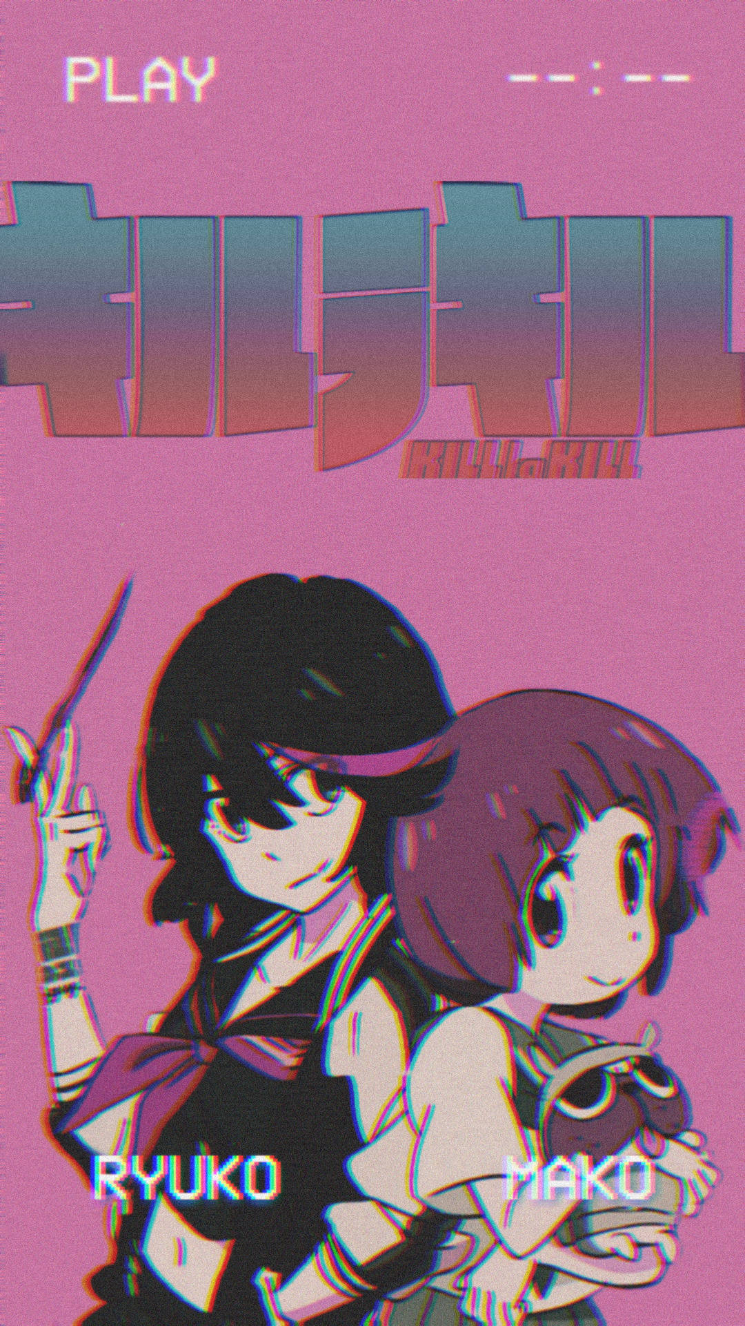 Aesthetic Anime Phone 桌布 壁紙 — 兩位深色頭髮的動漫女孩站在粉紅色背景前，帶有故障風格的日文字和遊戲般的UI元素。