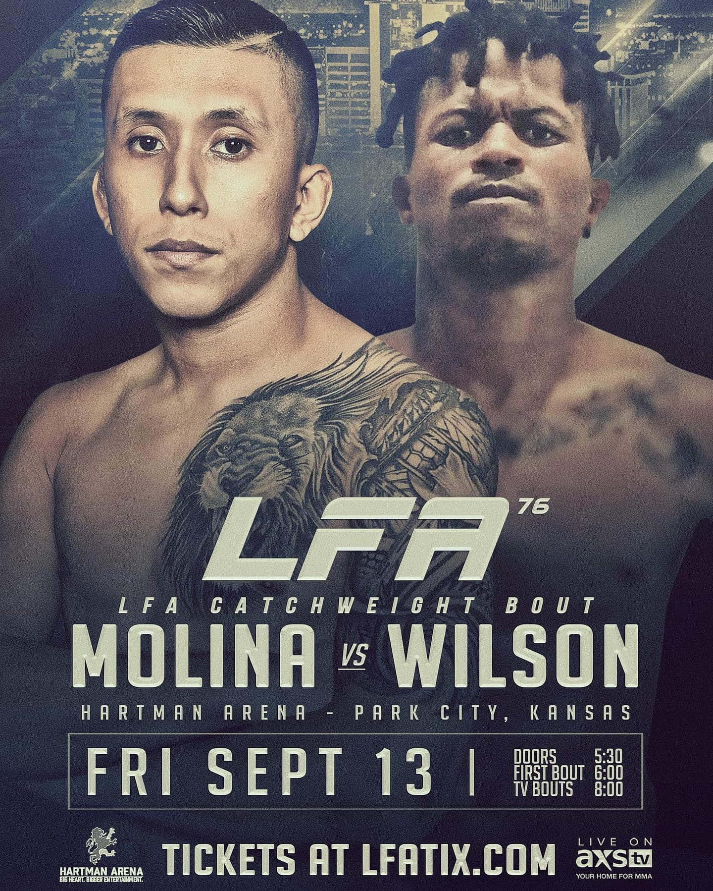 MMA 桌布 壁紙 — 兩位激烈的MMA拳手凝視前方，紋身顯眼，以黑暗城市景觀為背景，宣傳LFA賽事。