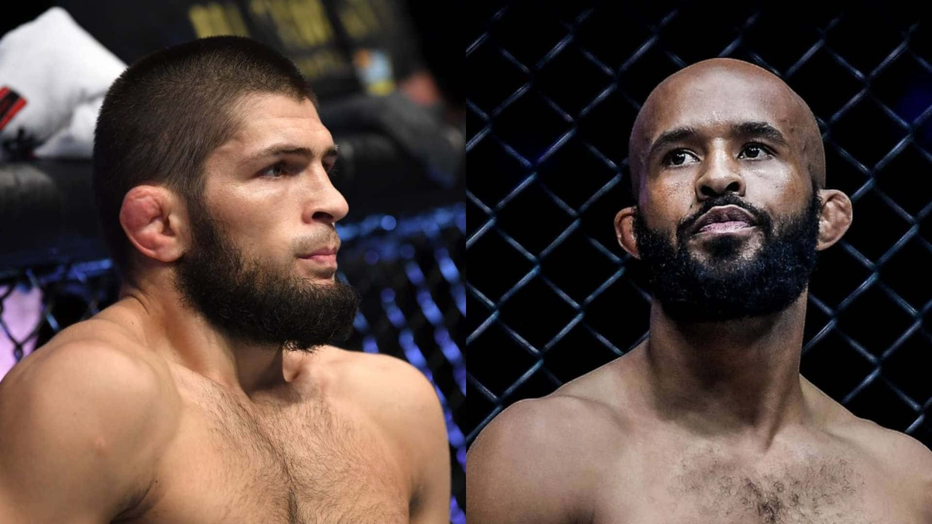 MMA 桌布 壁紙 — 兩位激烈的MMA拳手在昏暗的八角籠內對峙，身後是鐵鏈圍欄。