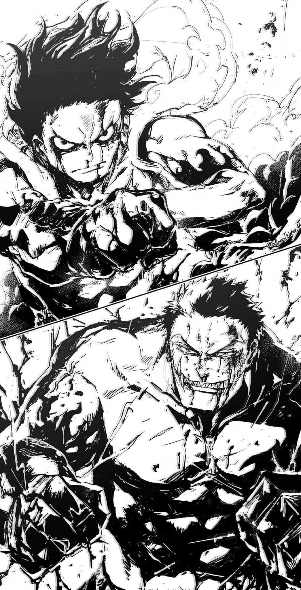 One Piece Manga 桌布 壁紙 — 兩位激烈的動漫戰士在一個動態的黑白漫畫面板中碰撞，帶有爆炸性的動作線條和兇猛的表情。