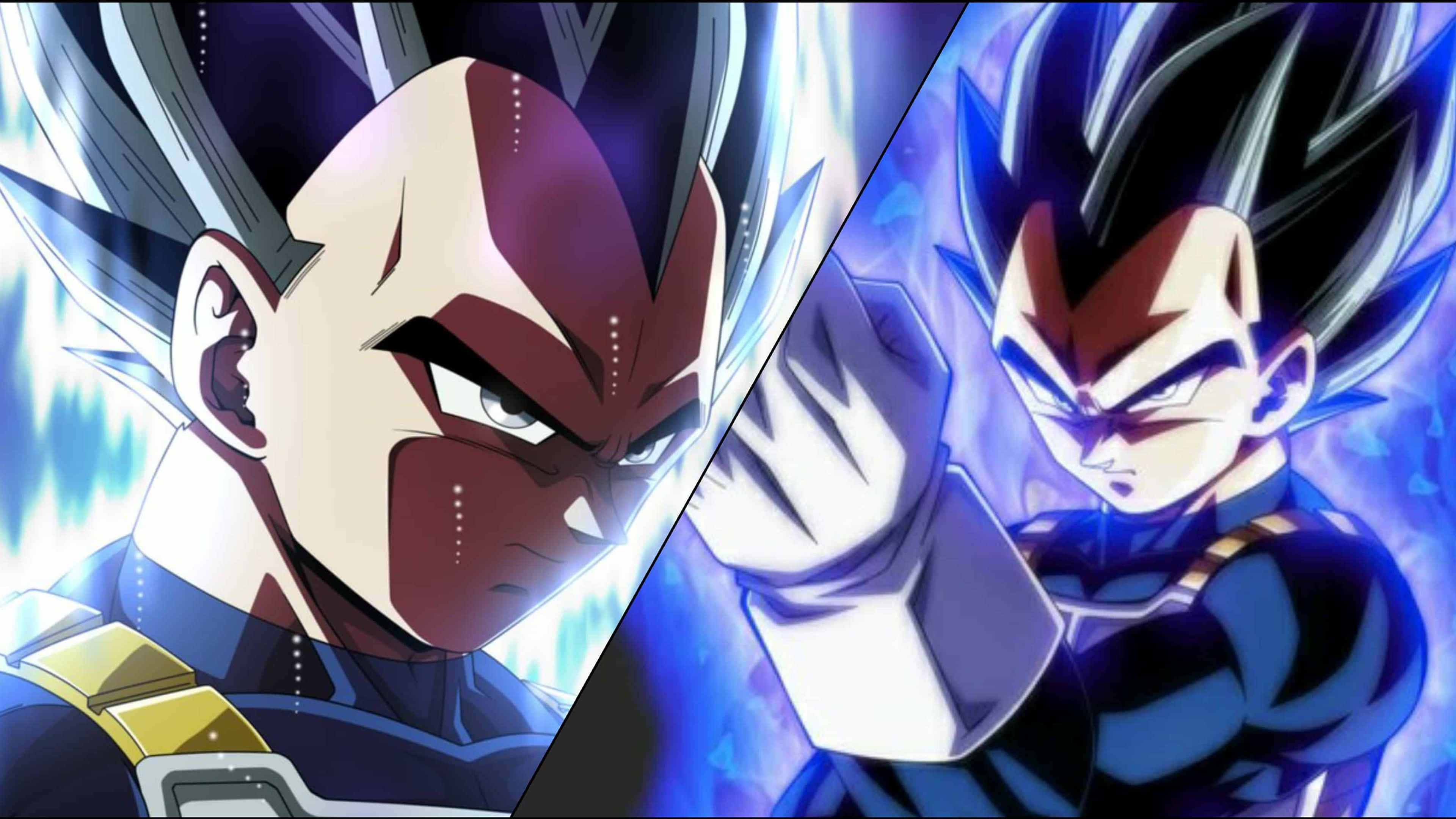 Vegeta And Goku 桌布 壁紙 — 兩位激烈的動漫戰士在戲劇性的分割畫面戰鬥中對決，伴隨著發光的能量效果。