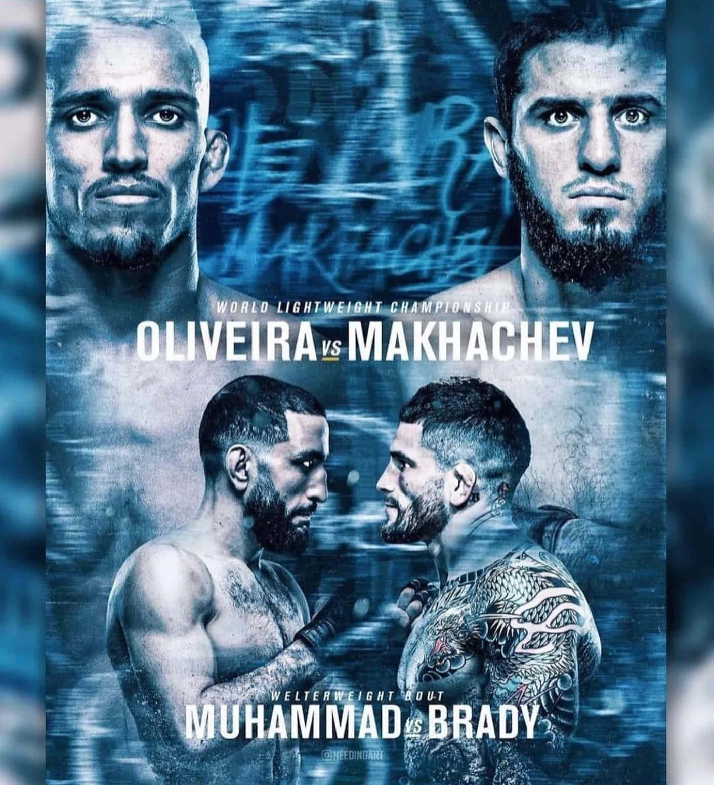 MMA 桌布 壁紙 — 兩位激烈的拳手在藍色調的混合武術錦標賽宣傳海報中對峙。