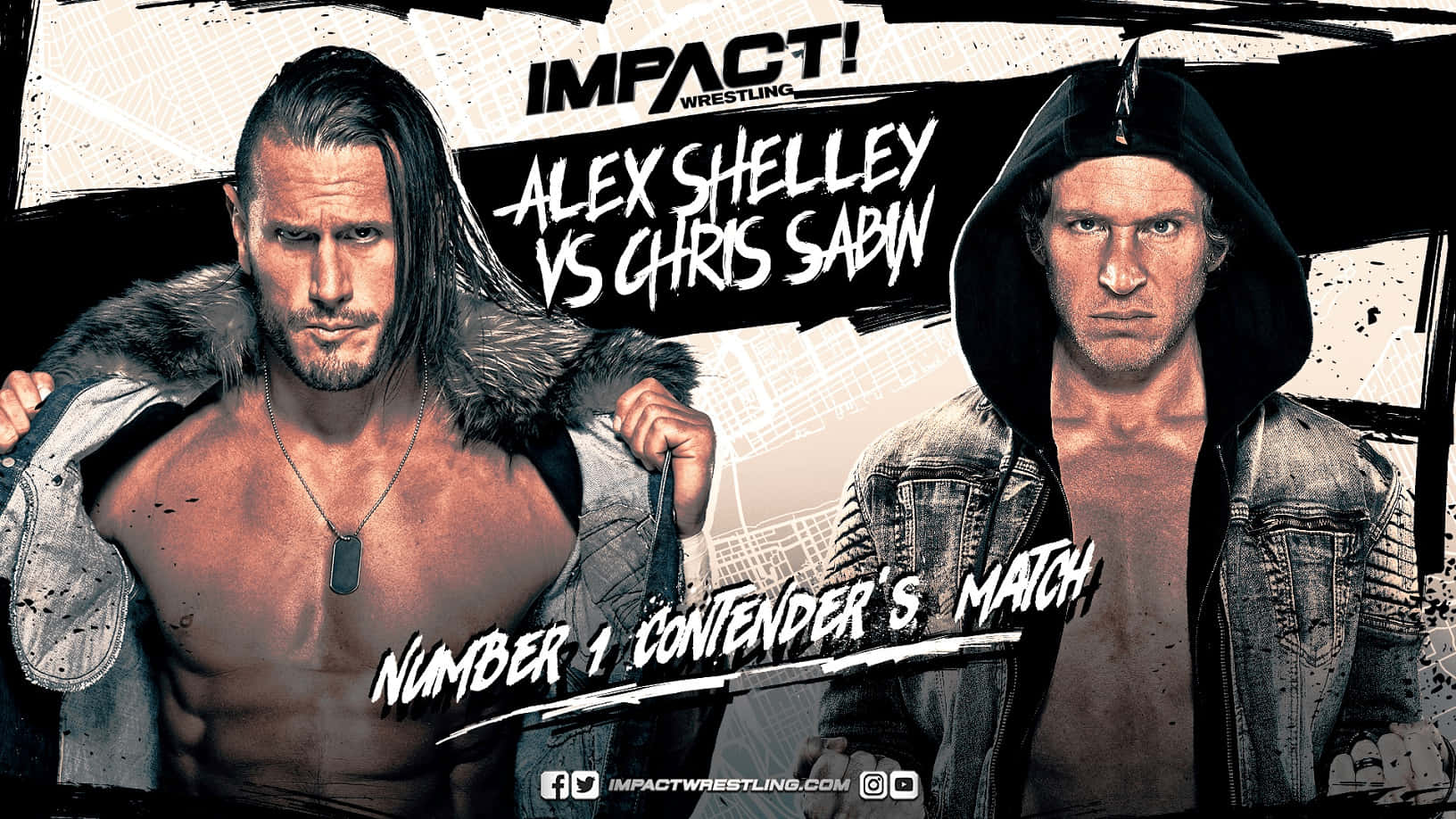 Wrestling 桌布 壁紙 — 兩位激烈的摔角手 Alex Shelley 和 Chris Sabin 在 gritty 的 Impact Wrestling 宣傳海報中互相凝視。