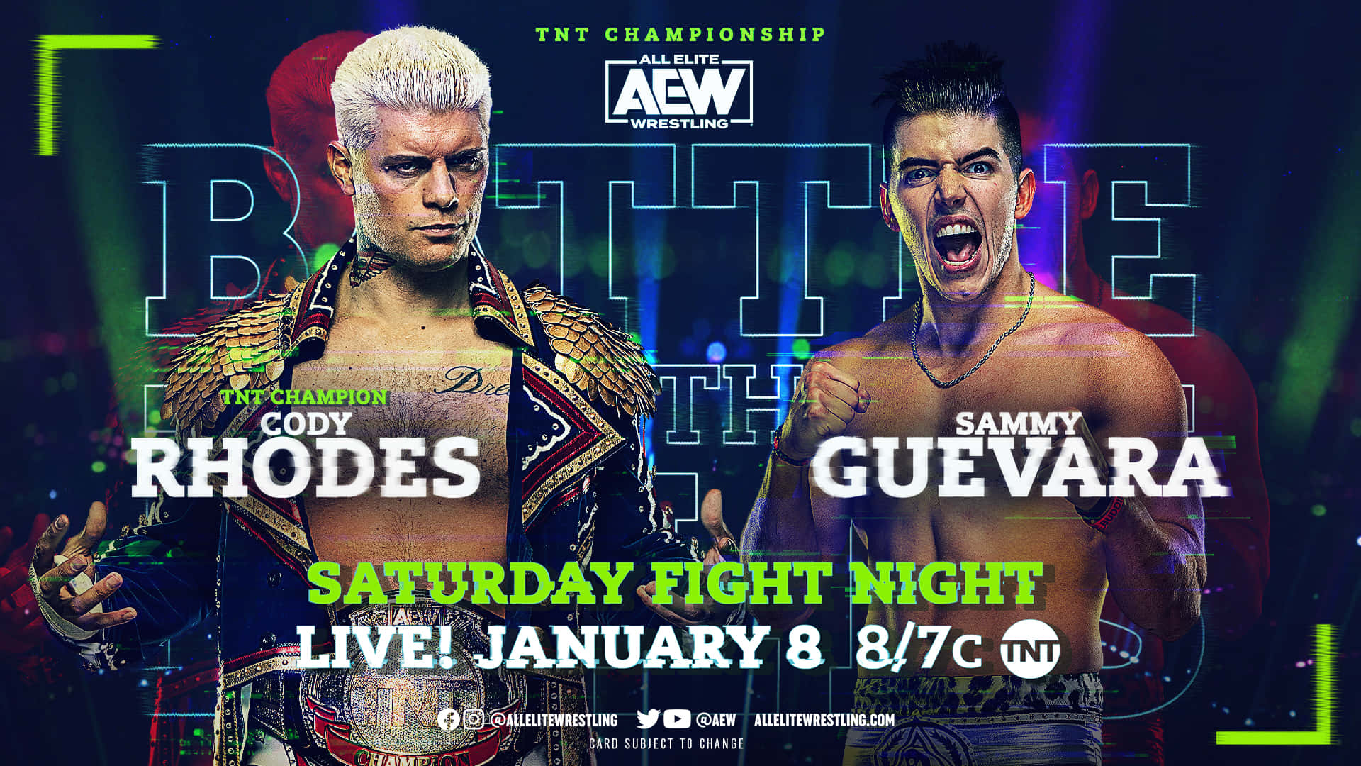 poster 桌布 壁紙 — 兩位激烈的摔角手 Cody Rhodes 和 Sammy Guevara 在霓虹燈下對決，爭奪 AEW TNT 冠軍賽。