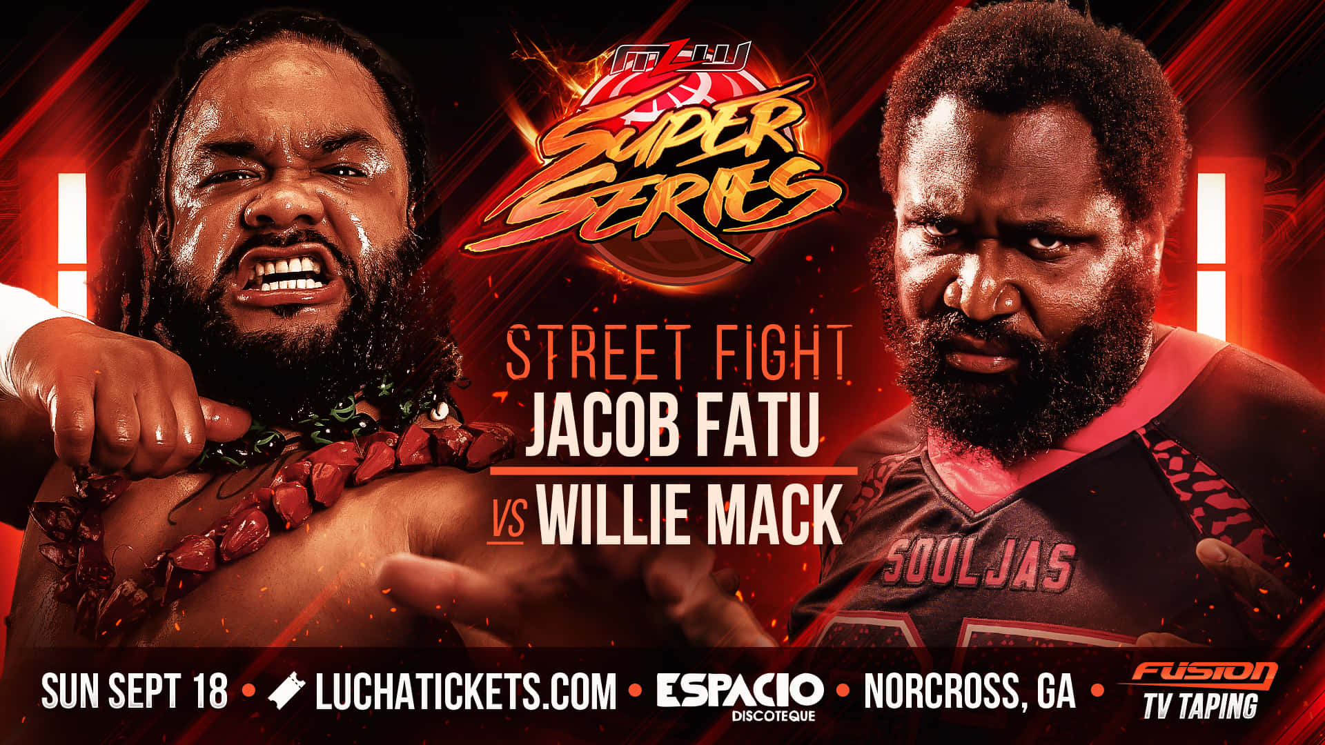 WWE 桌布 壁紙 — 兩位激烈的摔角手 Jacob Fatu 和 Willie Mack 在一個火紅燈光的街頭格鬥活動宣傳海報中對峙。