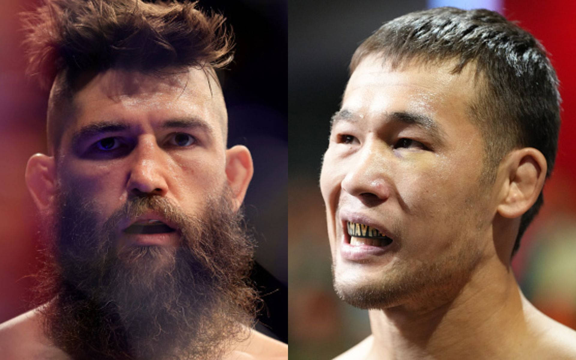 UFC 桌布 壁紙 — 兩位激烈的男性戰士在特寫分屏鏡頭中對峙，一位留著濃密鬍鬚，另一位則面露猙獰，兩人均身穿戰鬥裝備。