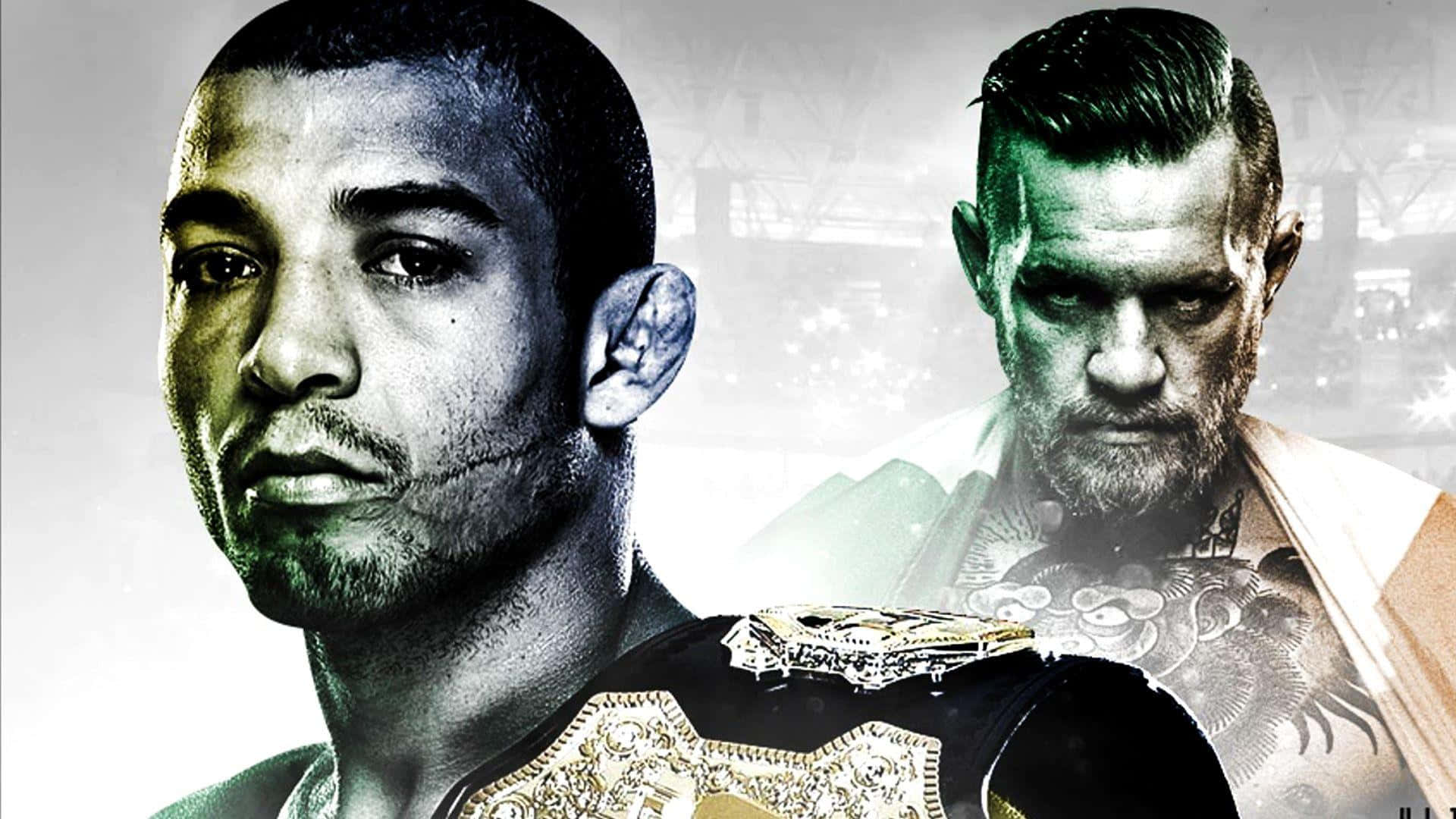 UFC 桌布 壁紙 — 兩位激烈的男性拳手向前凝視，冠軍腰帶搭在肩上，背景是模糊的競技場。