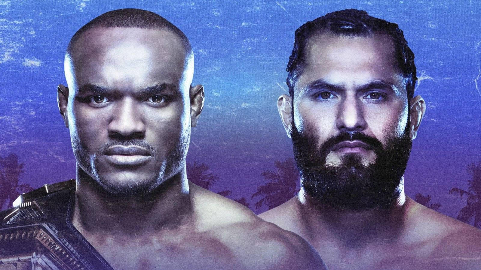 UFC 桌布 壁紙 — 兩位激烈的男性摔角手在充滿活力的紫色熱帶背景（有棕櫚樹）前直視前方。
