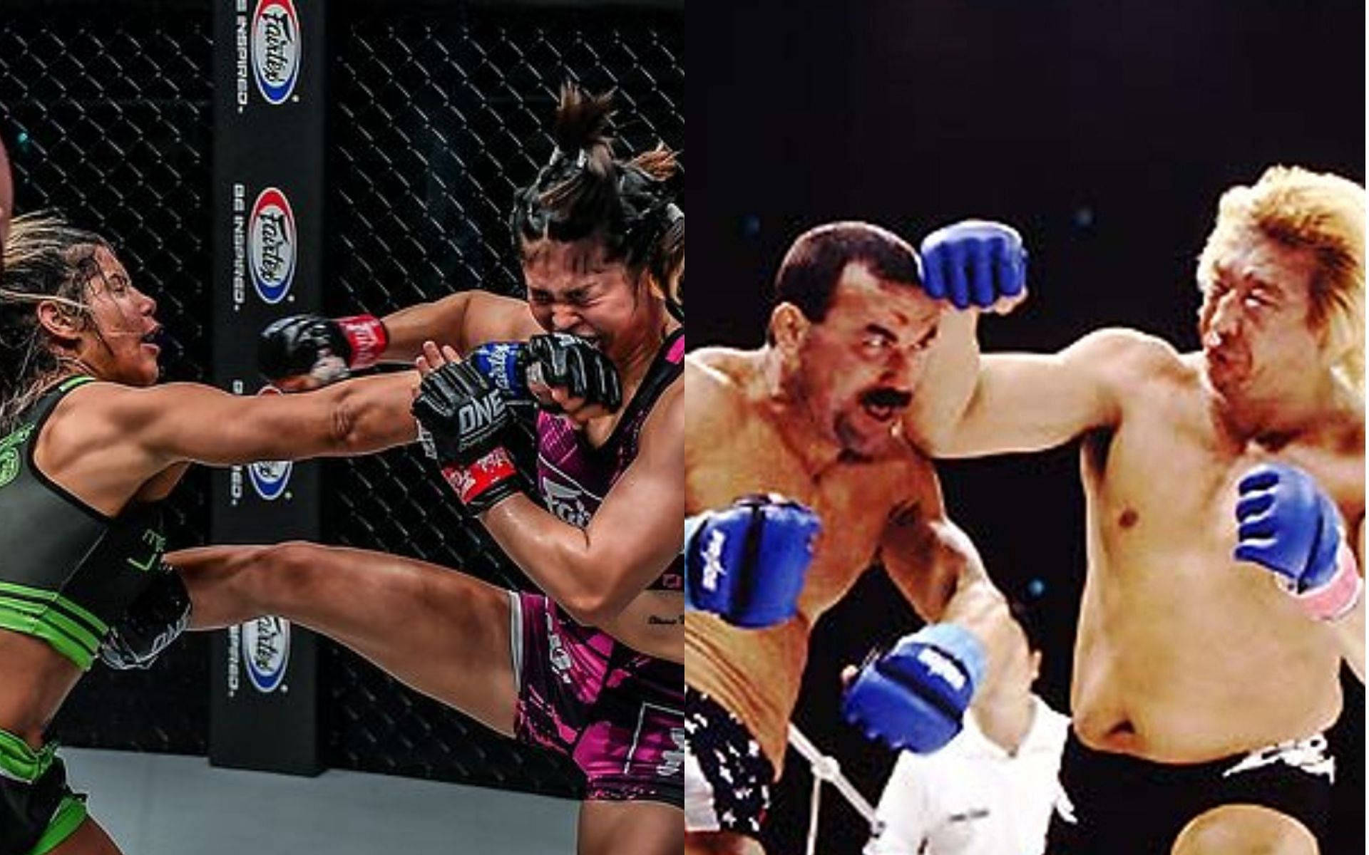 UFC 桌布 壁紙 — 兩位激烈的綜合格鬥選手在八角籠中交鋒，同時兩位傳奇拳擊手在擂台上交換強力拳擊。