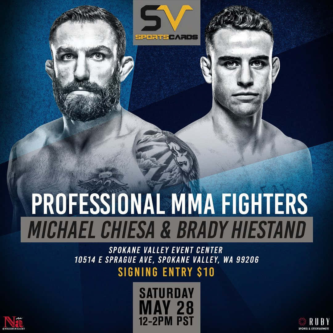 UFC 桌布 壁紙 — 兩位激烈的職業MMA拳手Michael Chiesa和Brady Hiestand在深藍色圖形背景前直視前方，背景附有活動詳情。