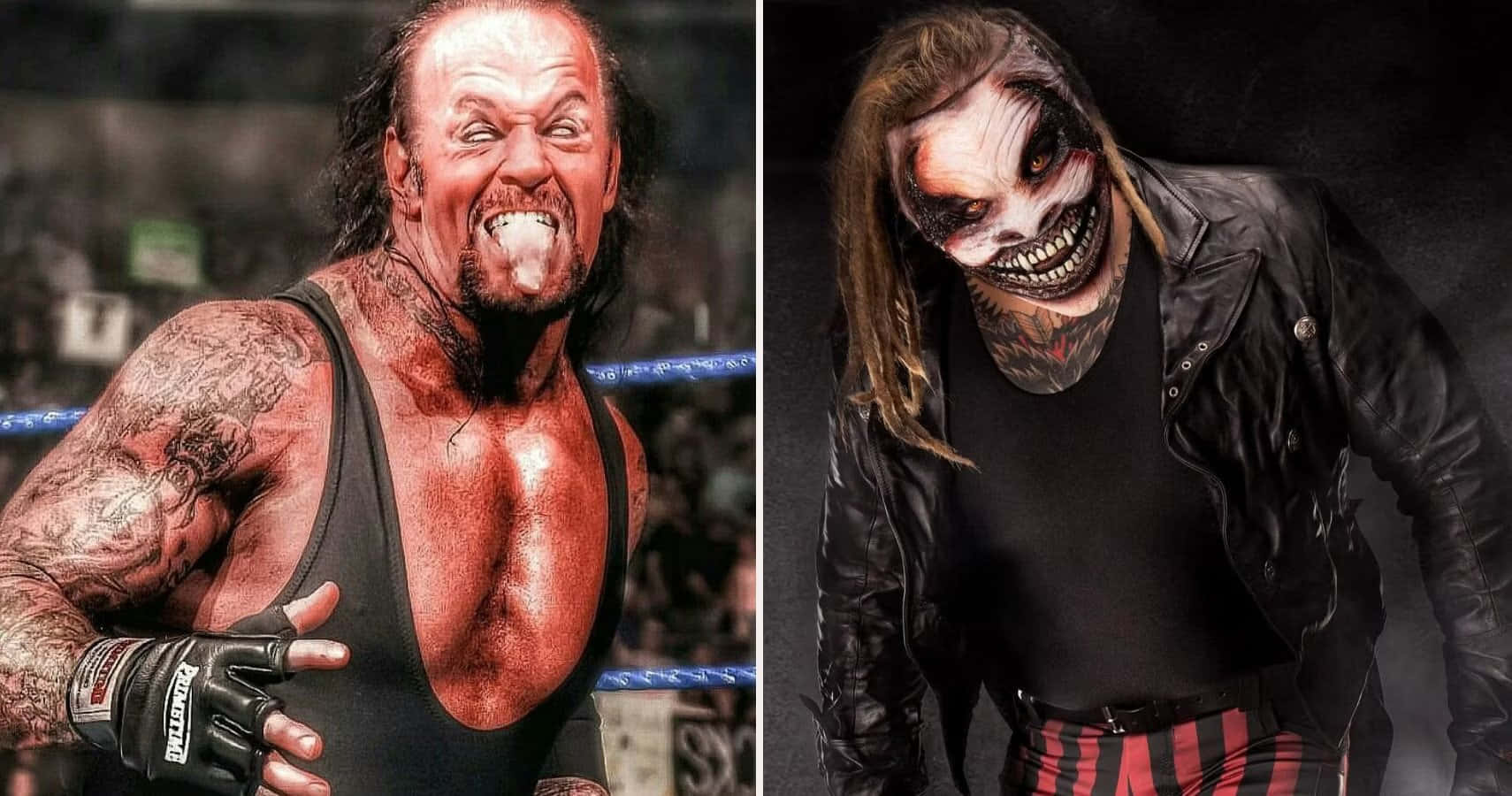 WWE 桌布 壁紙 — 兩位激烈的職業摔角手在擂台和黑暗工作室中，帶著刺青和恐怖化妝擺出威脅姿勢。