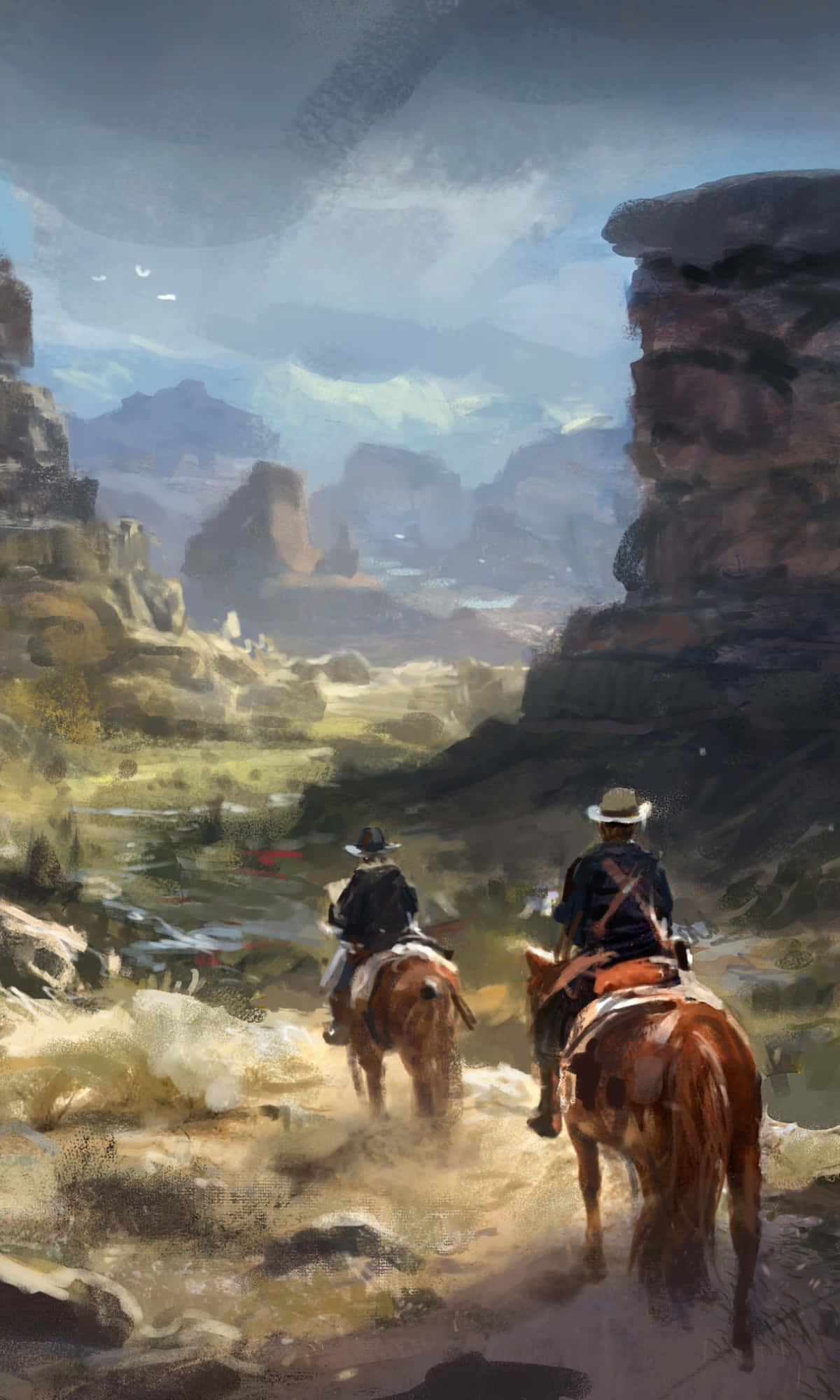 Cowboy 桌布 壁紙 — 兩位牛仔騎馬穿過塵土飛揚的峽谷，天空多雲，遠處有岩石地貌。