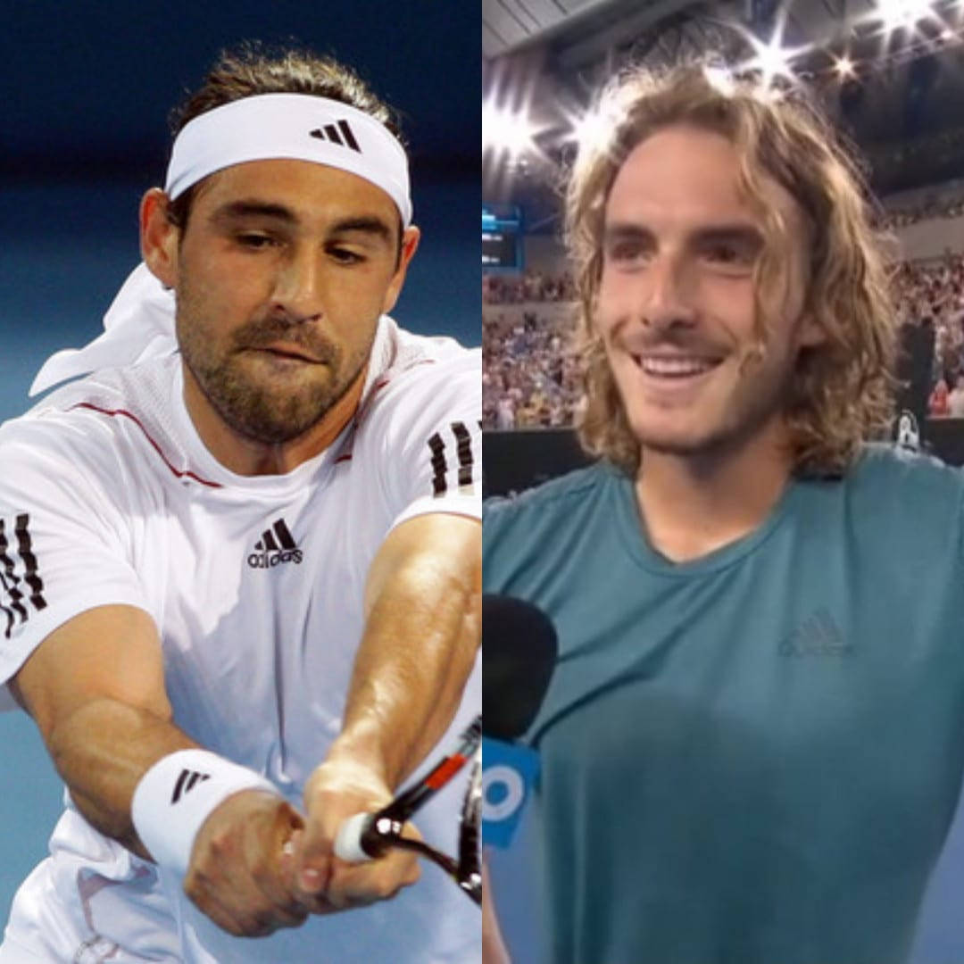 Tennis 桌布 壁紙 — 兩位男網球選手的分割影像，一位正在揮拍動作中，另一位在明亮的體育場燈光下接受訪問時微笑。