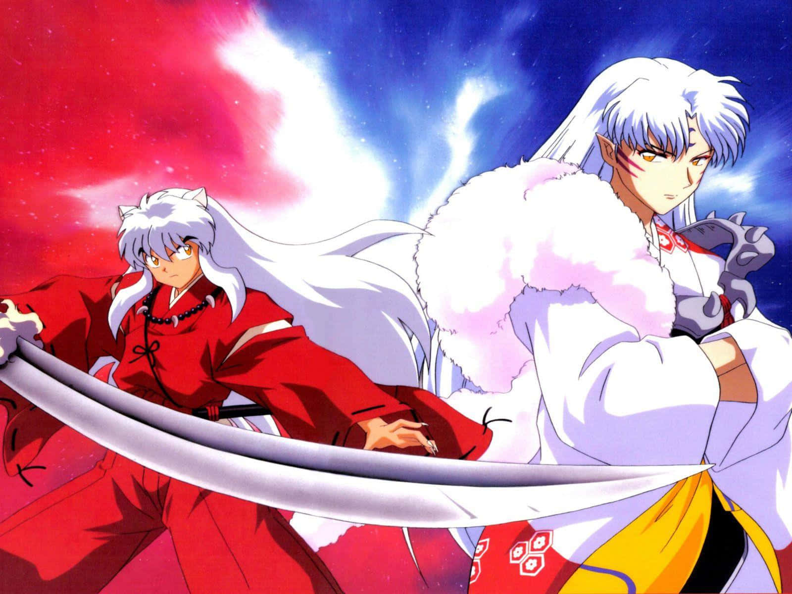 Sesshomaru 桌布 壁紙 — 兩位白髮動漫戰士在宇宙紅藍天空下交鋒劍刃。