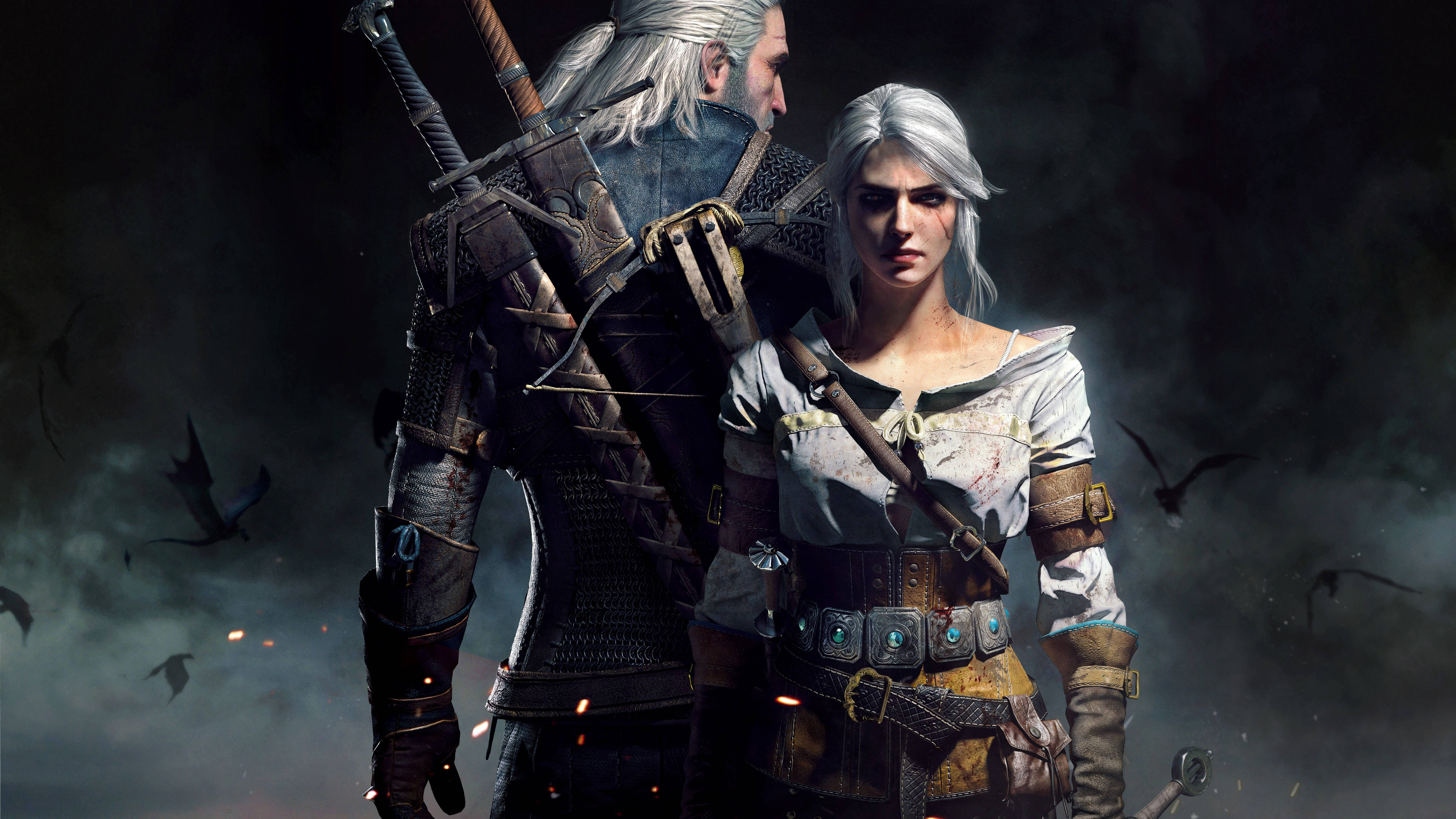 witcher 4K 桌布 壁紙 — 兩位白髮的裝甲奇幻戰士站在黑暗暴風雨的天空下，背光而立，周圍飄浮著發光的餘燼。
