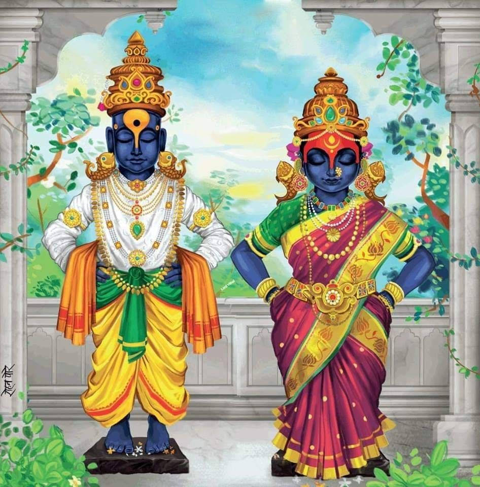 Indian 桌布 壁紙 — 兩位神聖的藍皮膚人物，裝飾著華麗的金色珠寶和色彩繽紛的傳統服飾，優雅地站在拱形花園亭子內。