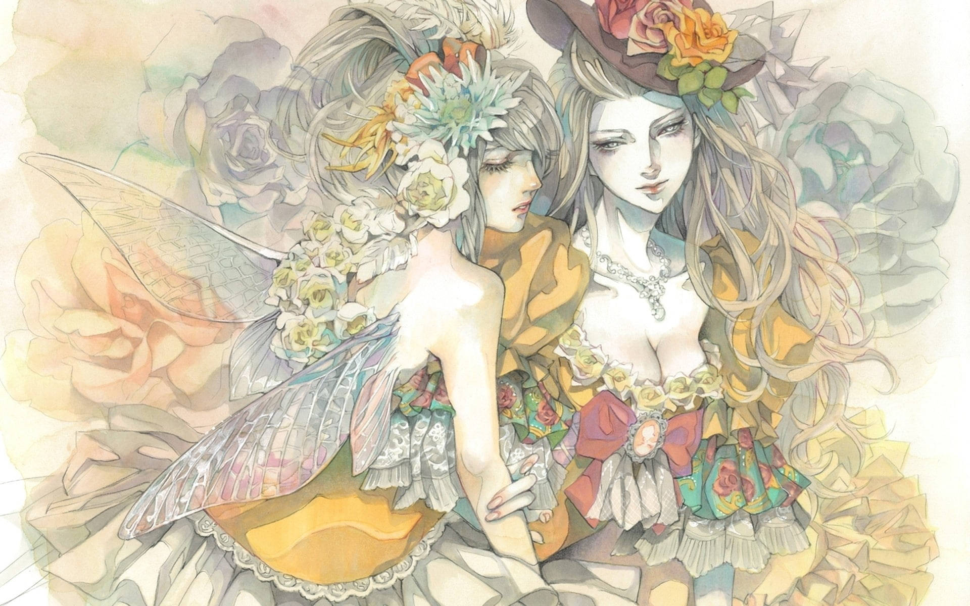 Sexy Anime 桌布 壁紙 — 兩位空靈仙女般的女性，頭戴花冠，翅膀纖細，坐在夢幻水彩畫般的大玫瑰叢中。