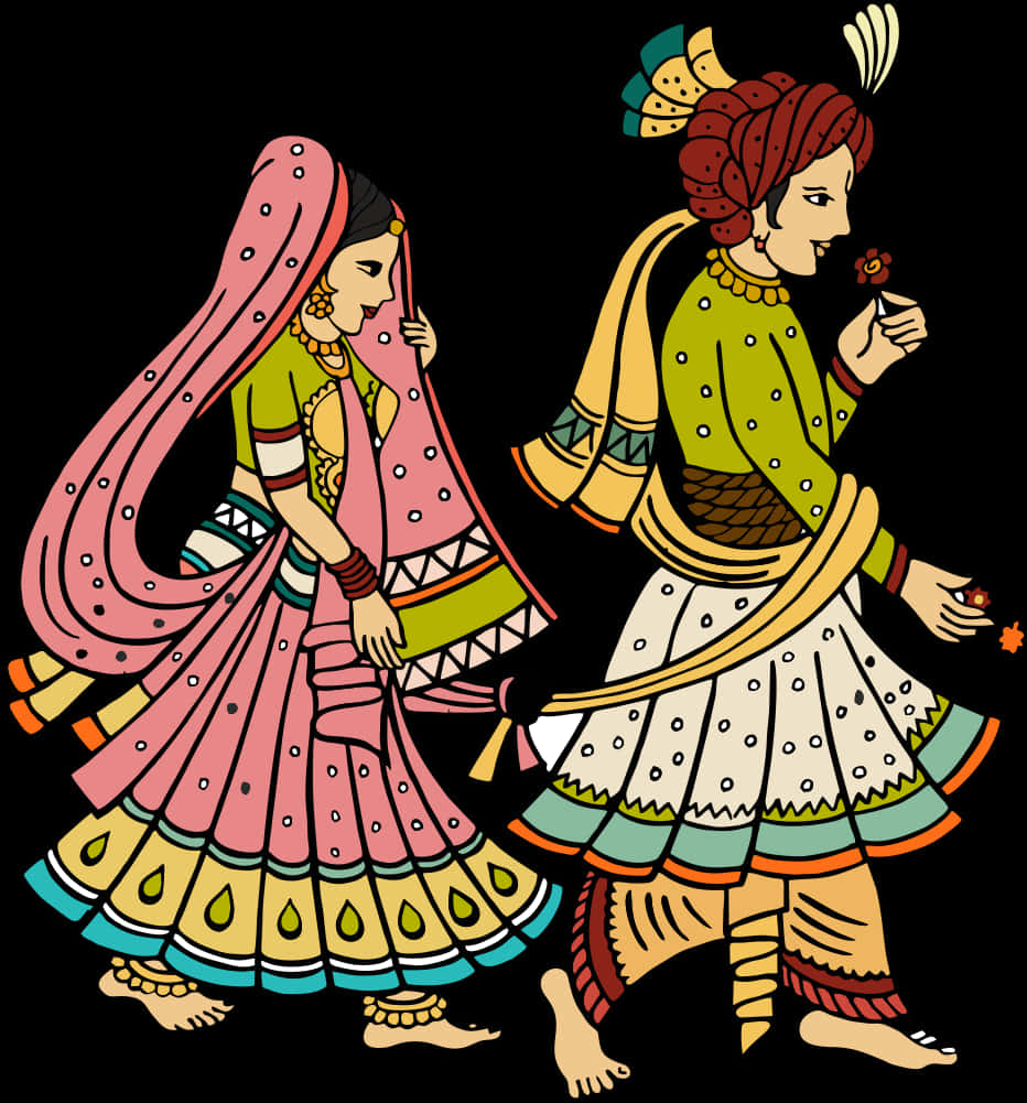 Wedding Cliparts 桌布 壁紙 — 兩位穿著傳統服飾的印度女性，身著鮮豔多彩的服裝，在黑色背景上優雅地行走。