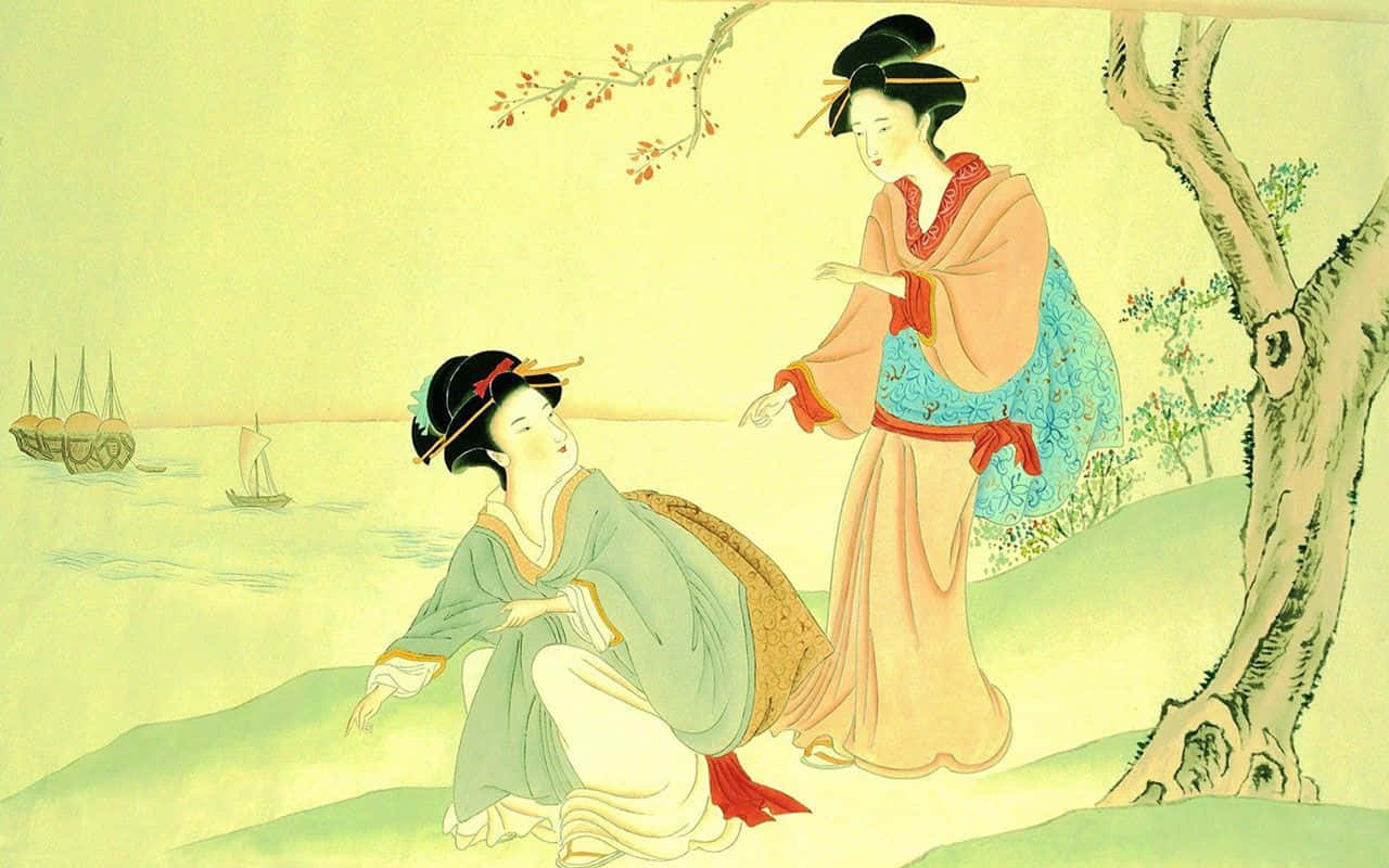 Painting 桌布 壁紙 — 兩位穿著傳統服飾的女性在水邊樹下互動，遠處有帆船，柔和粉彩插圖場景。