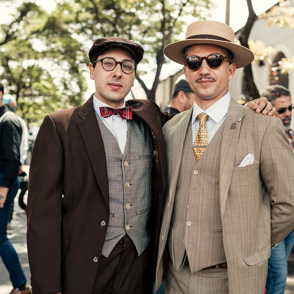 Mens Fashion 桌布 壁紙 — 兩位穿著復古西裝和帽子的時尚男士，在陽光明媚的城市街道上自信地擺姿勢，背景有樹木和行人。