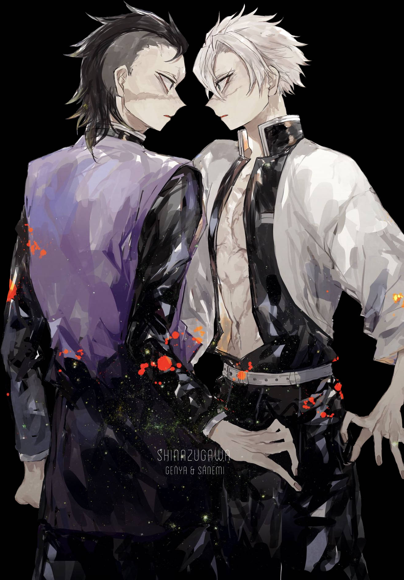genya 桌布 壁紙 — 兩位穿著時尚的動漫男子在黑色背景前對峙，背景有紅色飛濺和發光粒子。