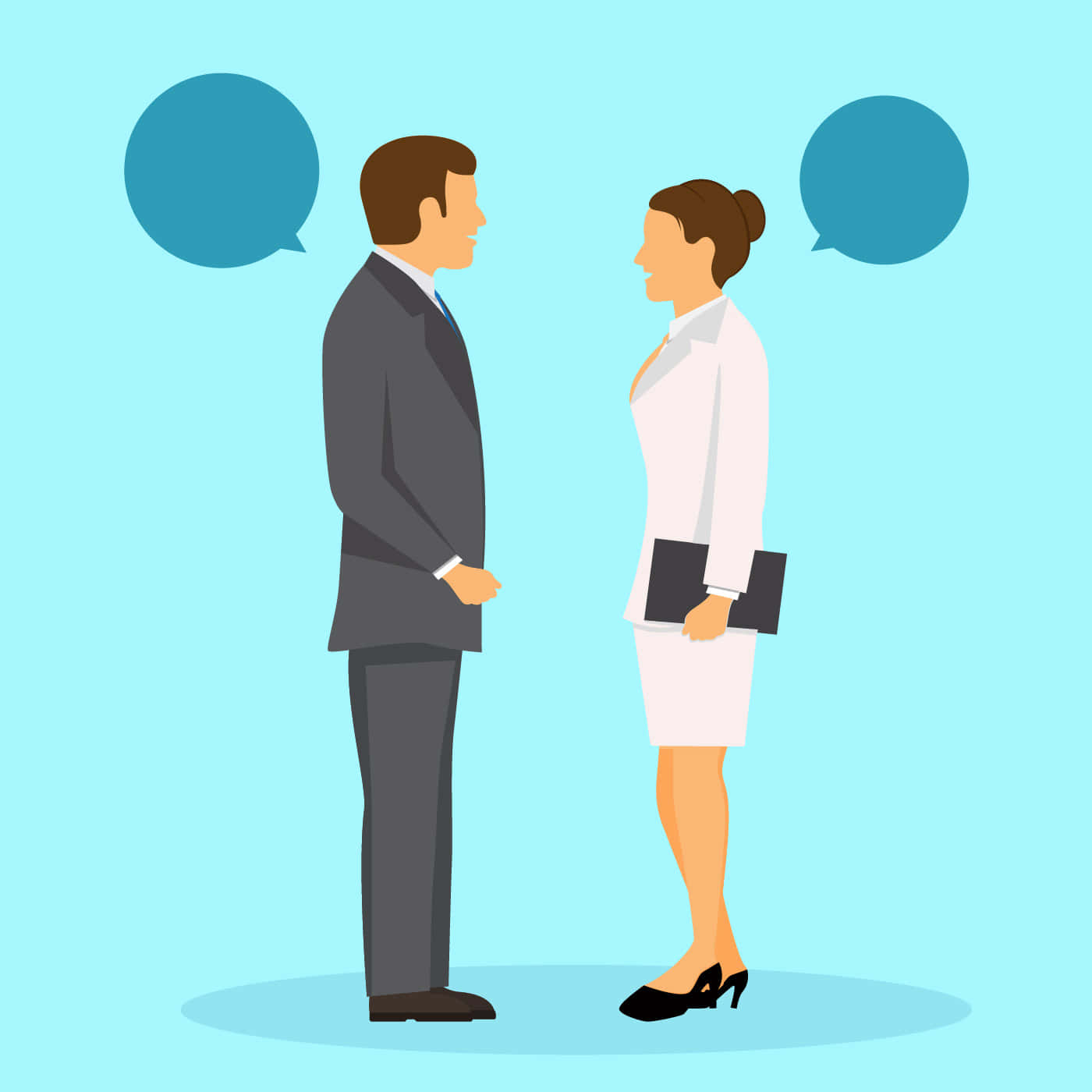 Talking 桌布 壁紙 — 兩位穿著正式服裝的商業專業人士在純淺藍色背景上對話，帶有對話氣泡。