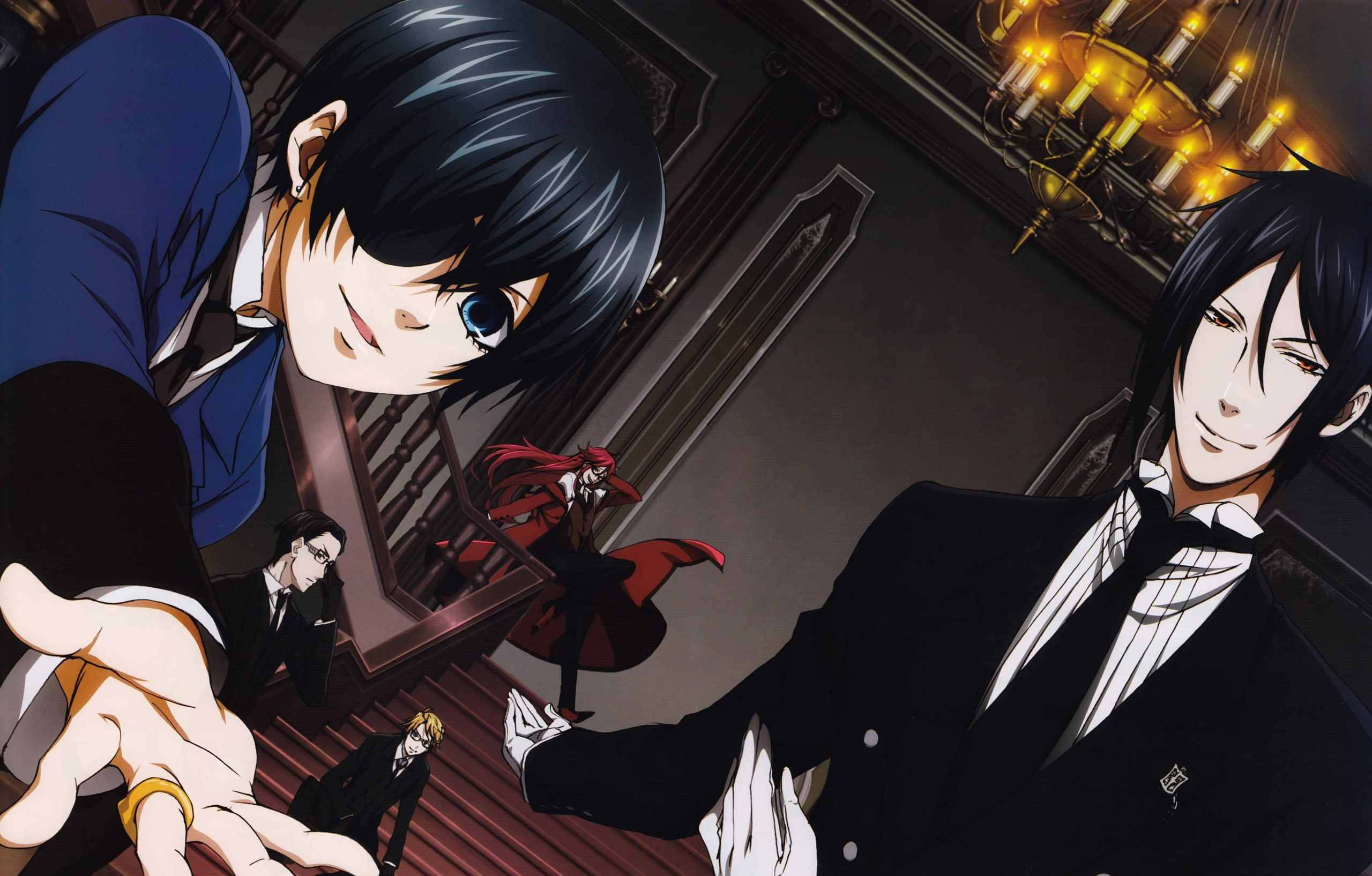 Black Butler 桌布 壁紙 — 兩位穿著正裝的動畫男性在一個帶有吊燈和紅袍人物的宏偉豪宅中面對面。