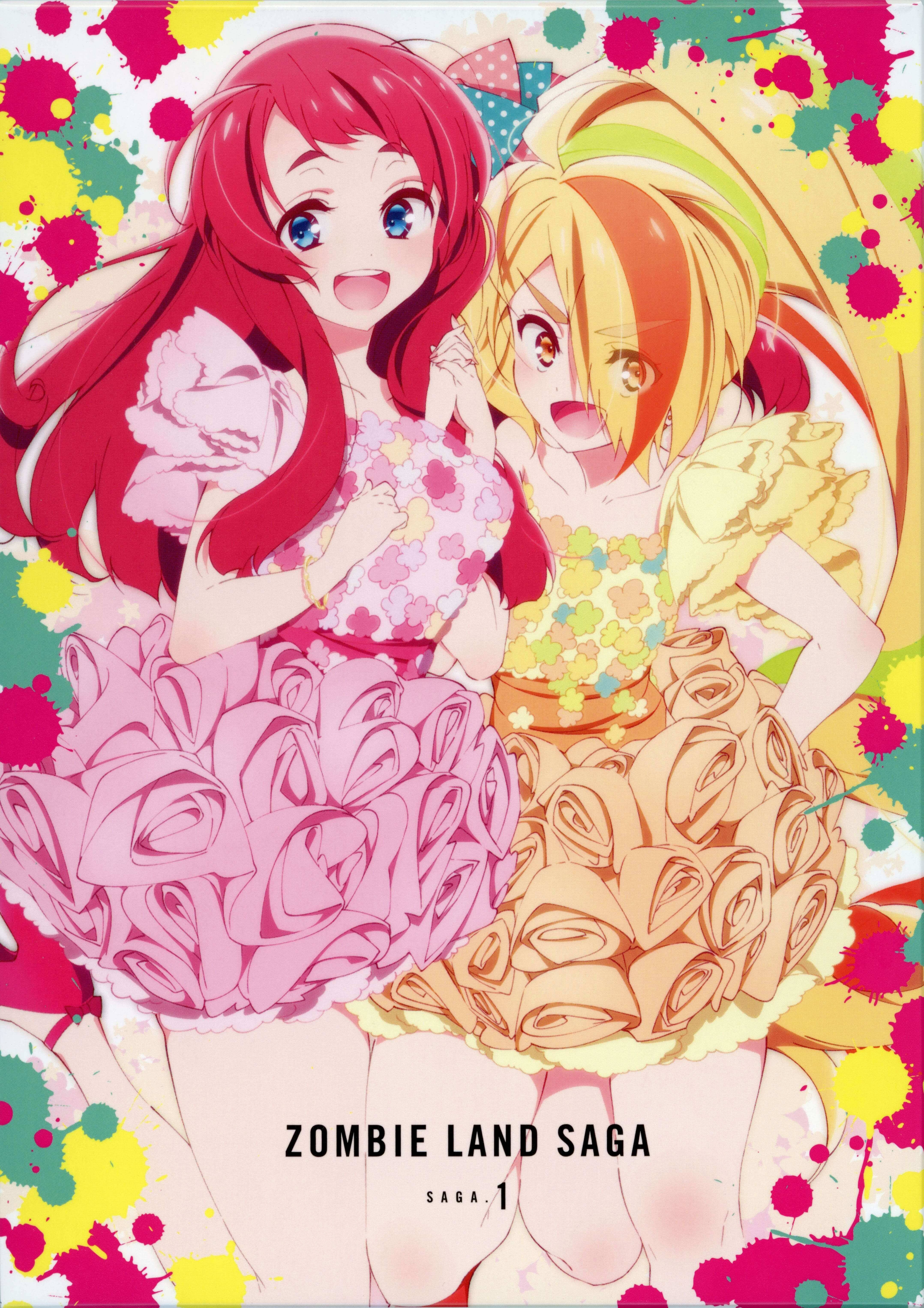zombie land saga 桌布 壁紙 — 兩位穿著花卉連衣裙的開朗動畫女孩在充滿活力的潑濺背景下燦爛微笑。