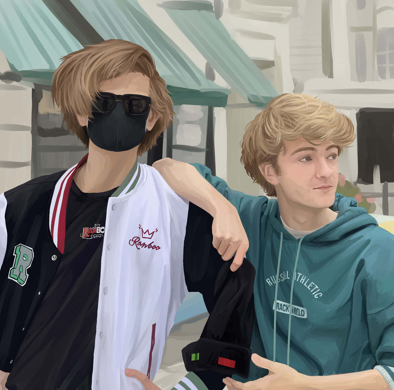 Ranboo 桌布 壁紙 — 兩位穿著街頭服的年輕男子在人行道上緊密站立，一人戴著口罩和校隊外套，另一人穿著連帽衫，手臂搭在他的肩膀上。