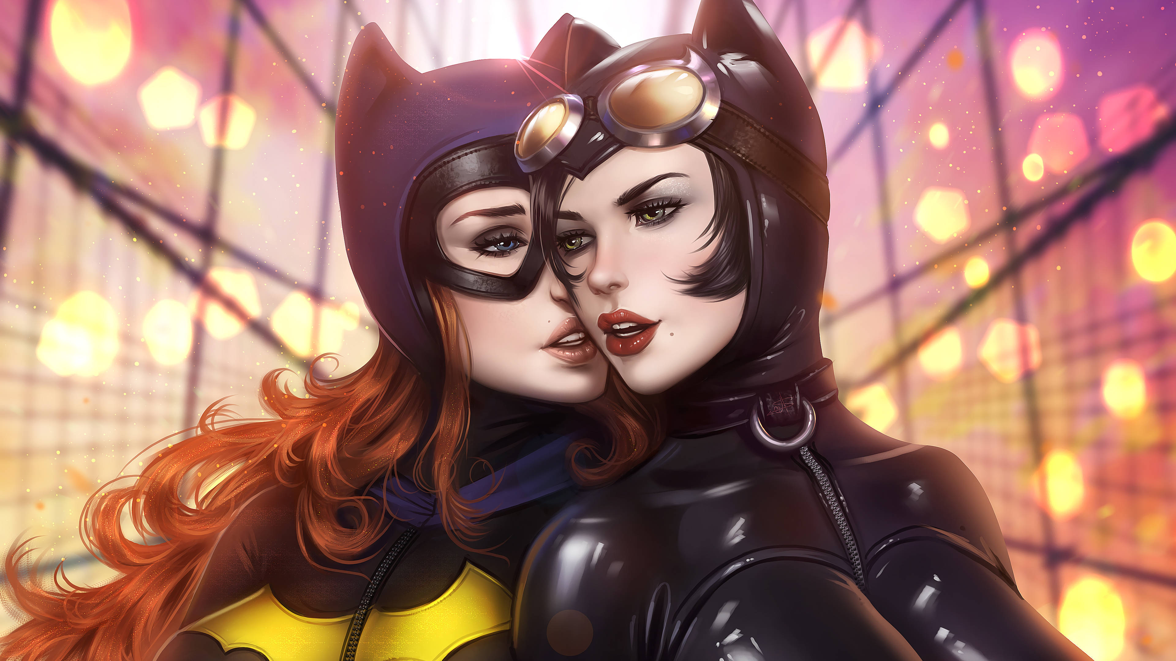 Catwoman 桌布 壁紙 — 兩位穿著貓主題服裝的女超級英雄在閃爍的散景城市背景下熱情擁抱。