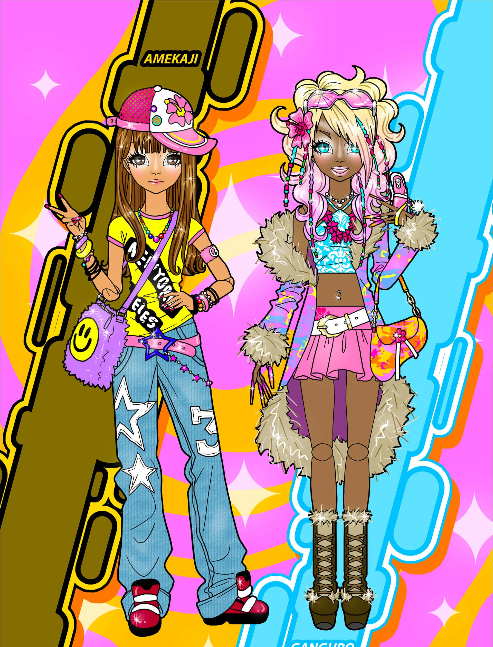 Gyaru Fashion 桌布 壁紙 — 兩位穿著鮮豔服裝的動漫女孩，以色彩繽紛的龐克風格，在充滿星爆的鮮豔粉紅、黃色和藍色背景前擺姿勢。