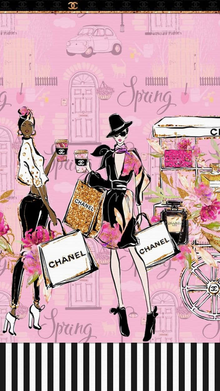 Chanel Aesthetic 桌布 壁紙 — 兩位穿著黑白服裝的時尚女性在粉紅色花卉圖案和復古巴黎建築中攜帶 Chanel 手袋。