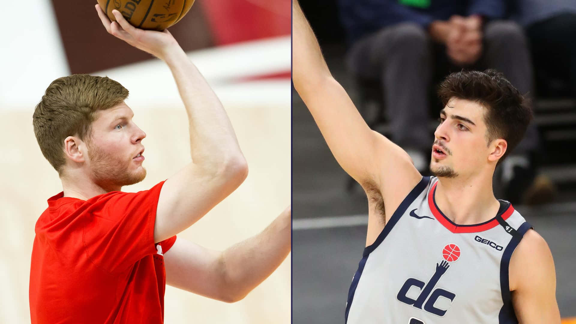NBA 桌布 壁紙 — 兩位籃球運動員以中距離投籃姿勢，一位身穿紅色球衣，另一位身穿白色DC球衣，兩人都高度專注