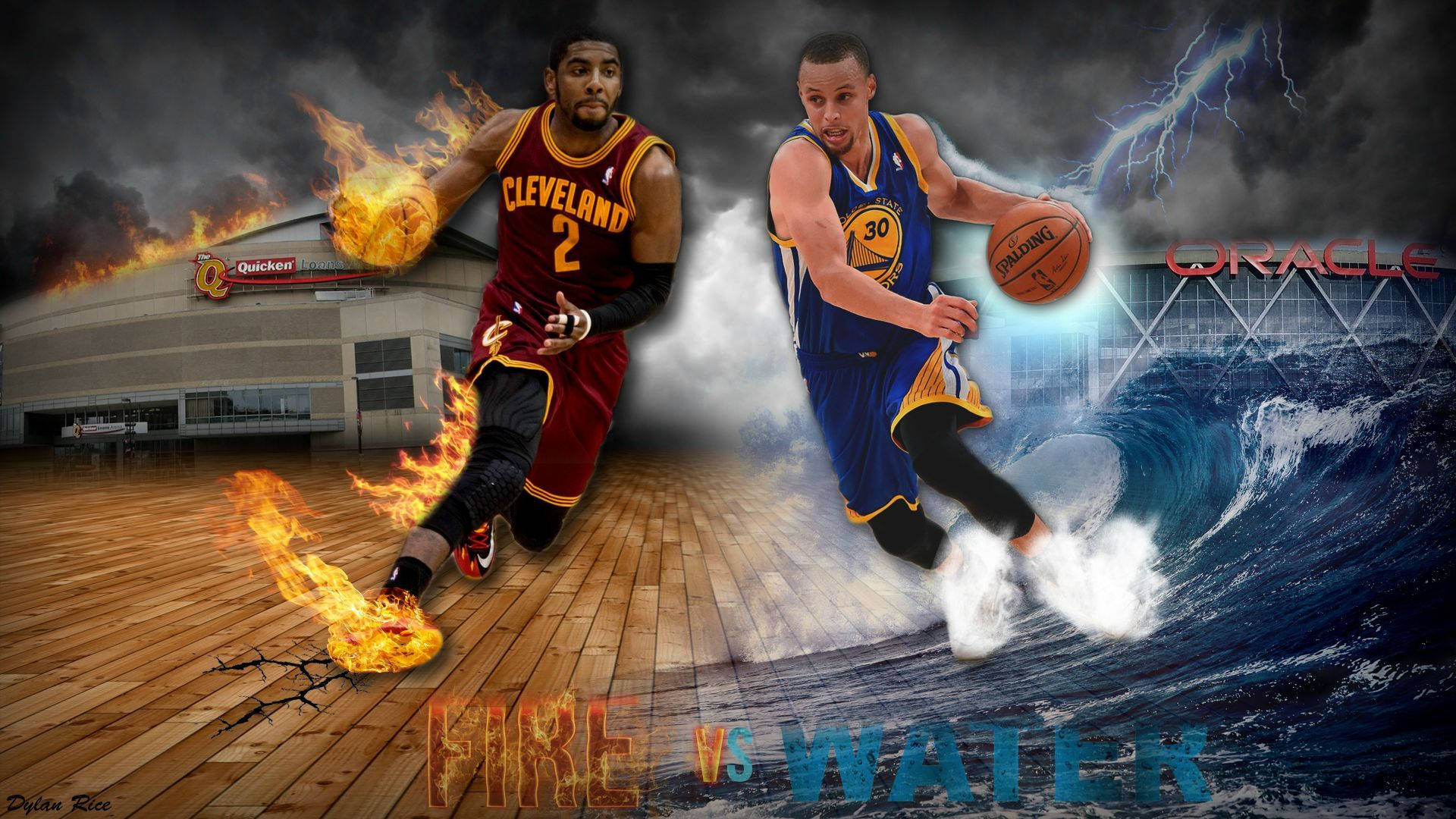 Kyrie 桌布 壁紙 — 兩位籃球運動員正在比賽中，一位被火焰吞噬，另一位在球場上乘風破浪，背景是戲劇性的暴風雨天空。