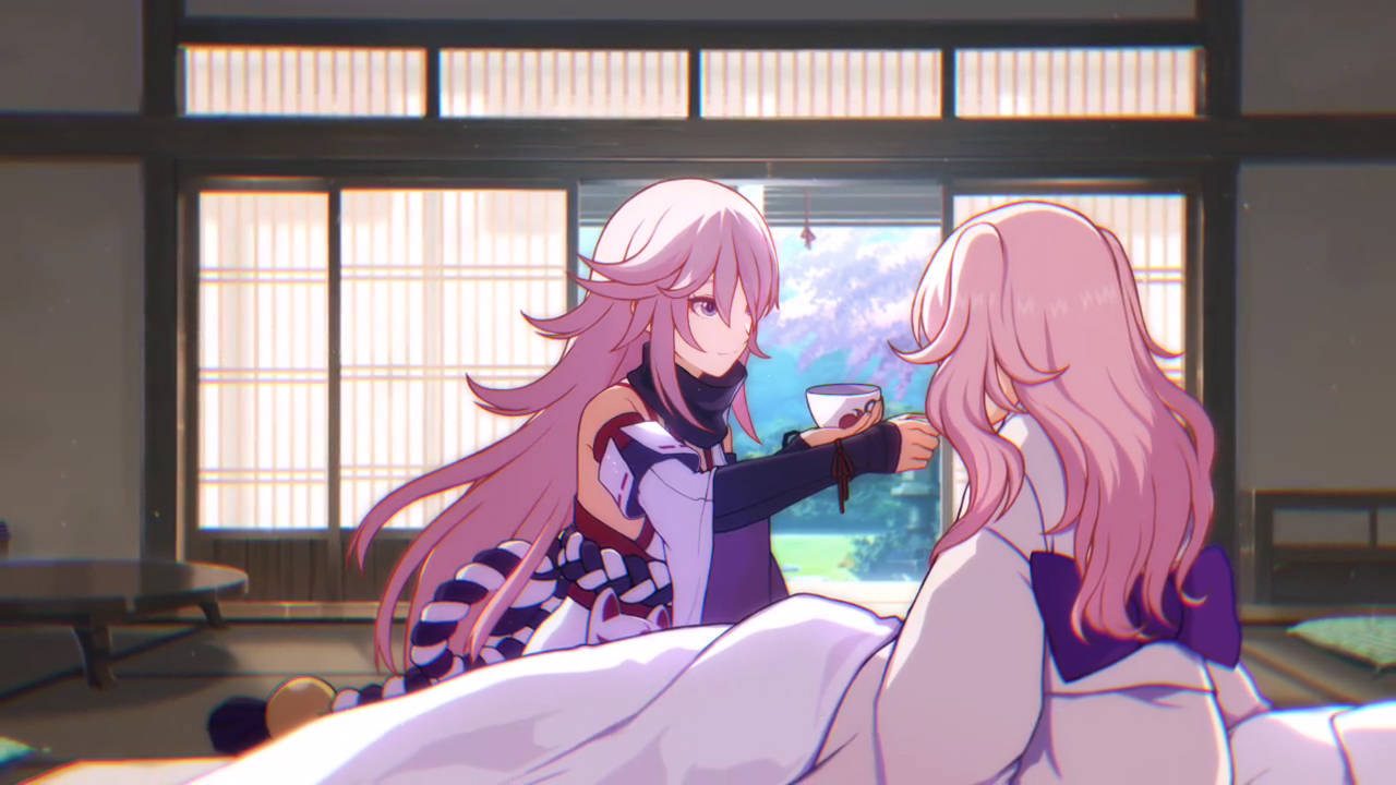 Miko 桌布 壁紙 — 兩位粉紅色頭髮的動漫女孩在一個傳統的日式房間裡，沐浴在柔和的陽光下，共享寧靜的茶時光。