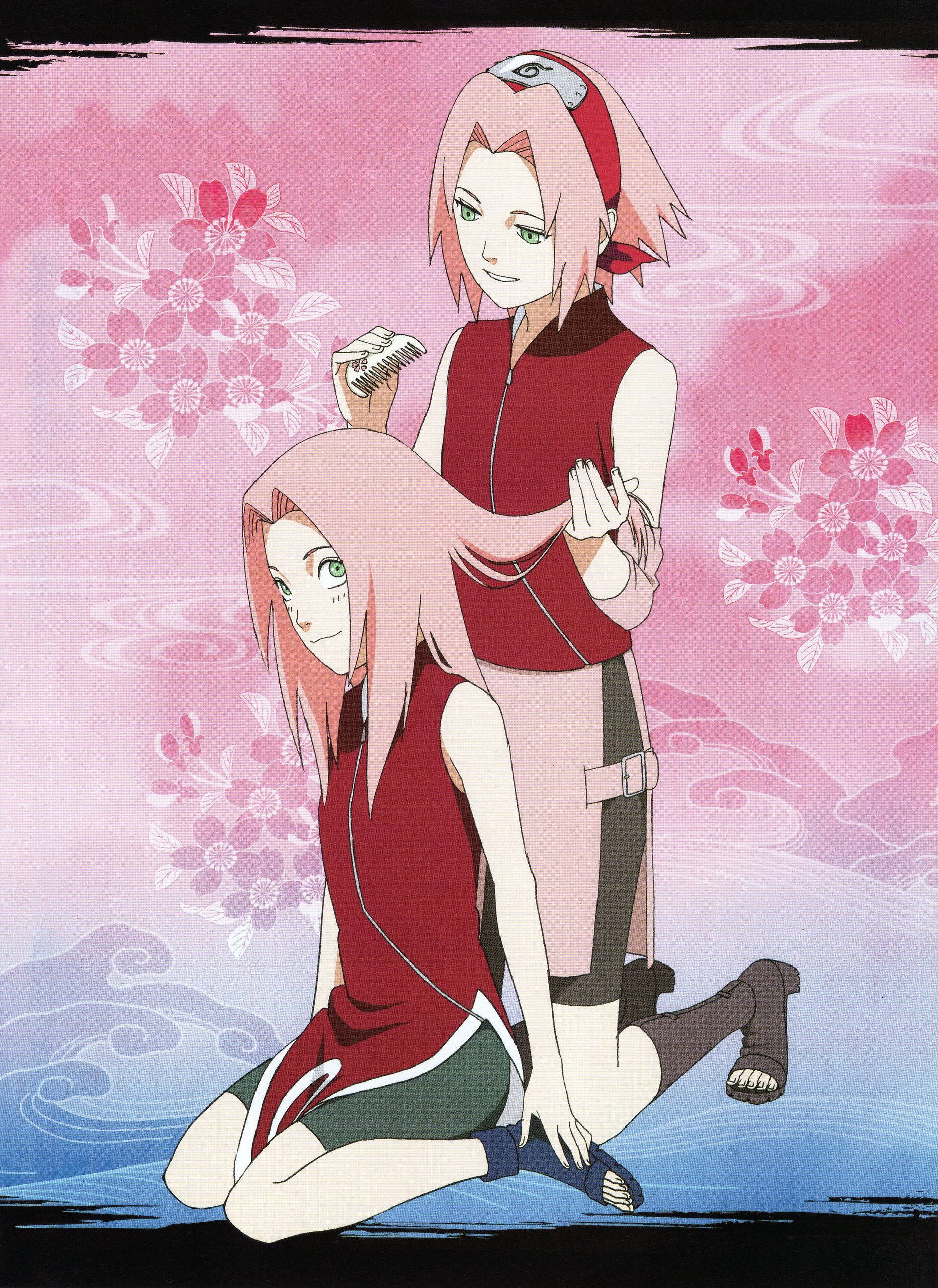 Sakura 桌布 壁紙 — 兩位粉紅色頭髮的動漫女孩穿著相配的紅色服裝，在粉紅色花卉水彩背景前擺姿勢。