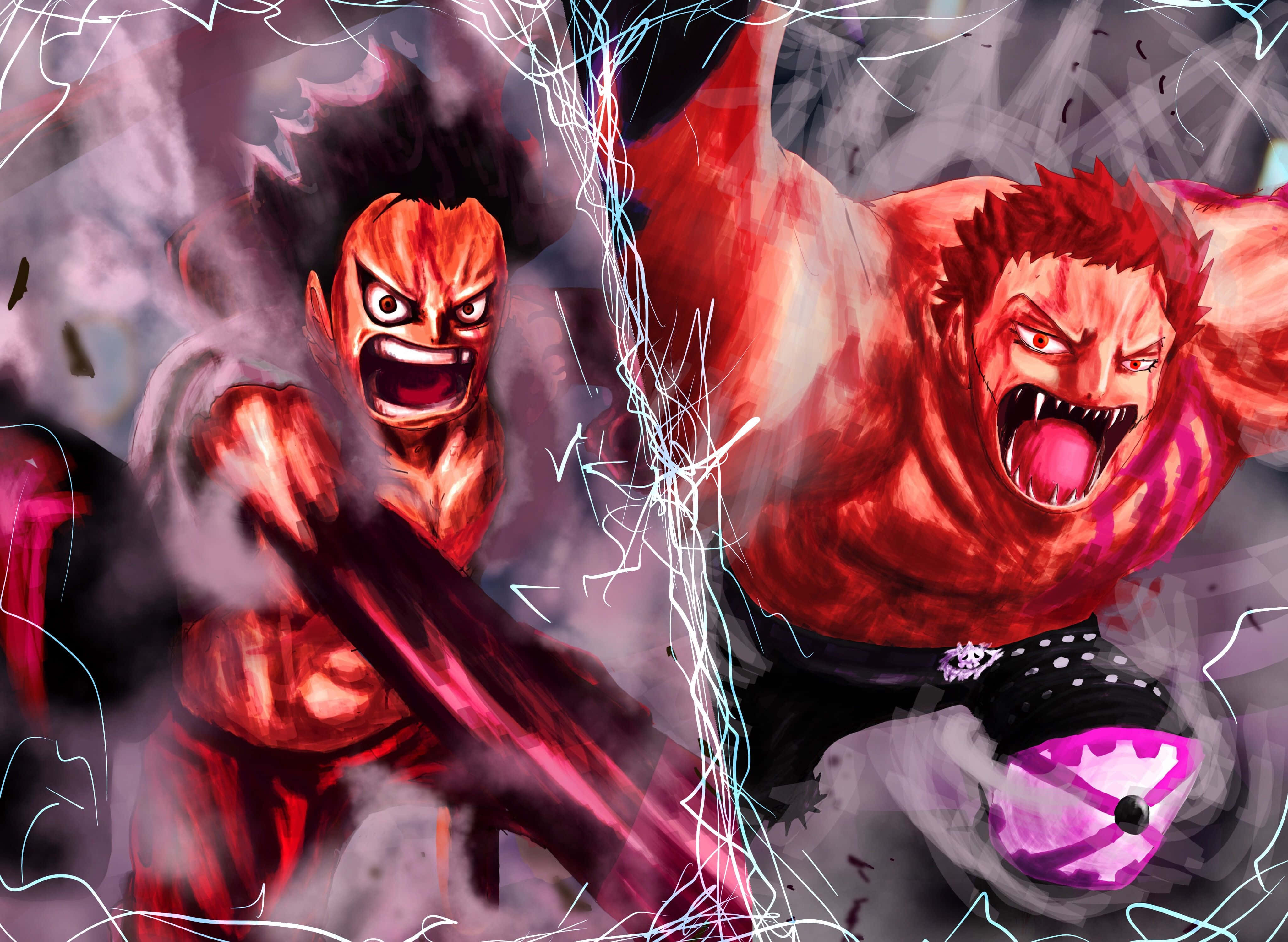 Charlotte Katakuri 桌布 壁紙 — 兩位紅色憤怒的動漫戰士在充滿動感的戰鬥場景中，以發光的能量和煙霧碰撞。