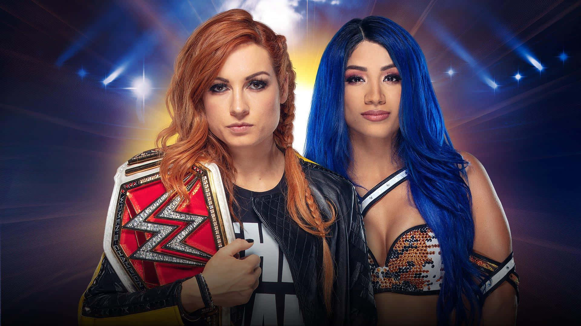 becky lynch 桌布 壁紙 — 兩位紅藍髮色的WWE摔角手自信地站在明亮的舞台燈光下，手持冠軍腰帶。