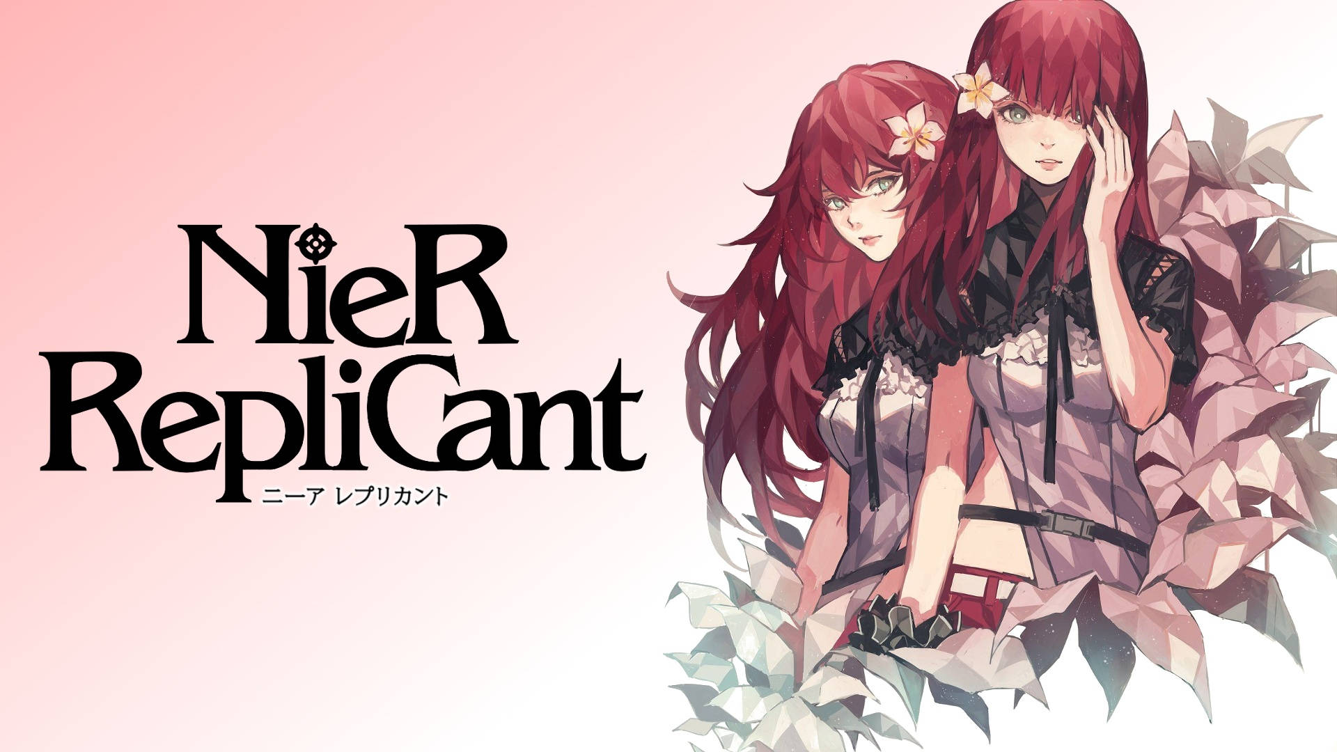 Nier 桌布 壁紙 — 兩位紅髮帶有花卉裝飾的動漫女孩，坐在幾何葉片之間，背景為柔和的粉紅色漸變。
